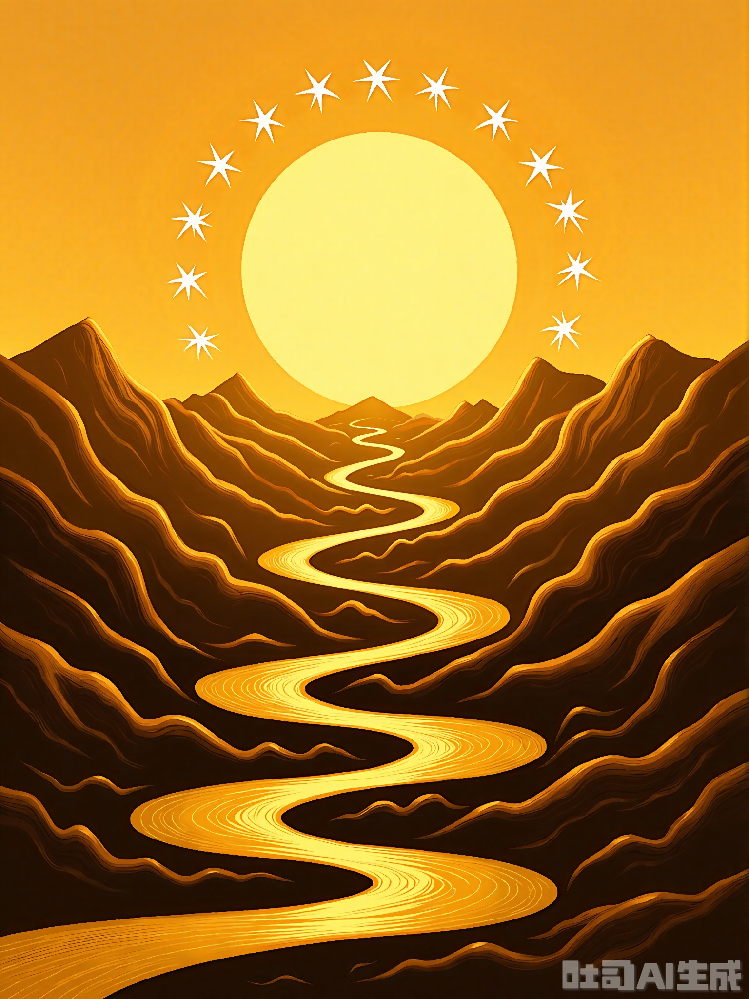 New Chinese style Chinese painting - smoke last month, the picture is mainly golden, depicting a magnificent landscape with undulating mountains. In the center is a huge yellow moon surrounded by numerous stars. The mountains are mainly dark brown, mixed with golden lines to create a light and shadow effect. A winding golden river crosses the mountains, adding vitality to the scene. The overall style is similar to traditional Chinese ink painting, but it is presented with bright colors and modern techniques, making it both classical and modern.