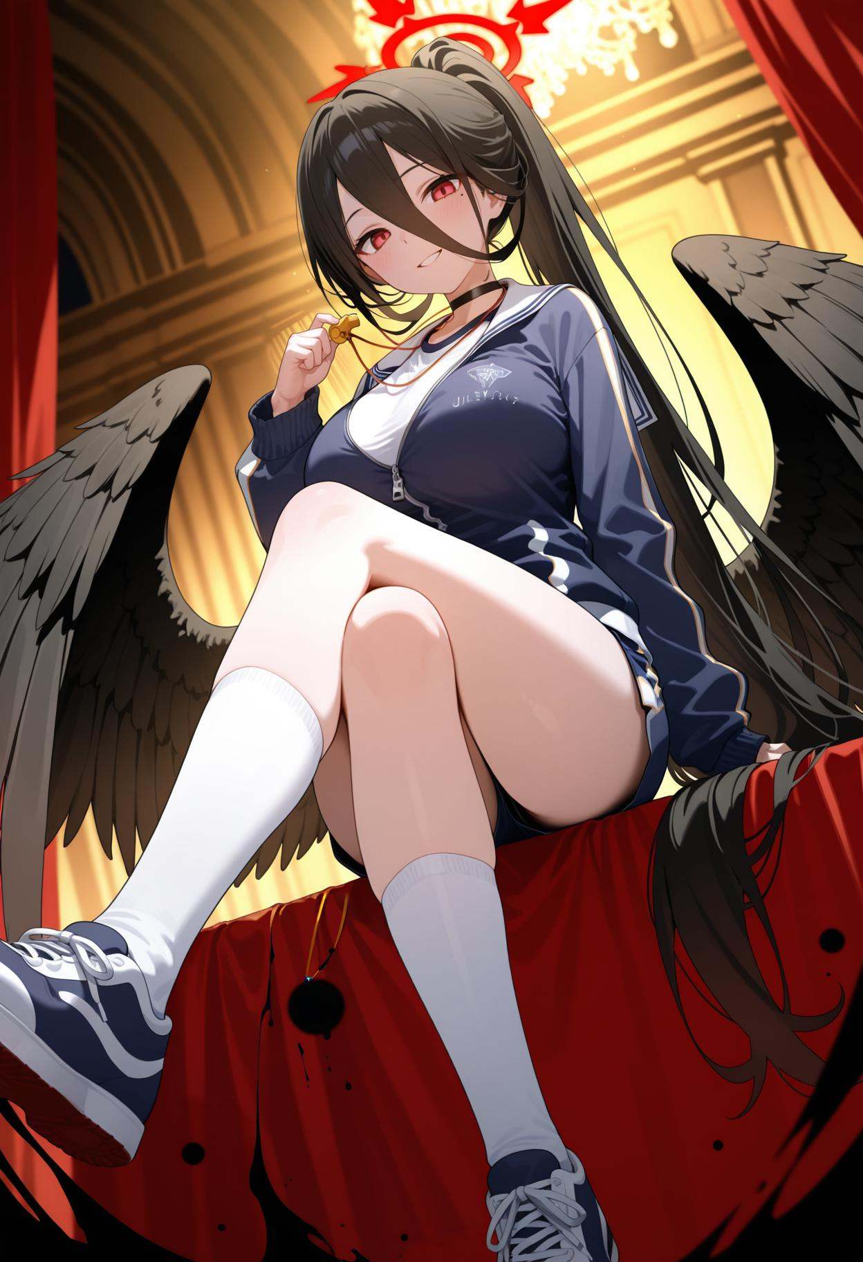 masterpiece,best quality,ultra-detailed,very aesthetic,sharp focus,vibrant colors,ray tracing,best lighting,detailed illustration,detailed background,cinematic,general,sensitive,explicit,neon,light,vibrant colors,glow,score_9,score_8_up,score_7_up,source_anime,looking_down,from_below,sit on the edge of the stage,stage,concert,sound,voicevox,red curtain,soft shadows,soft natural lighting,dramatic lighting,(rich tones:0.9),(low angle:1.2),(gradient:1.1),looking_at_viewer,smile,(darkness:1.5),(foot focus:1.1),front view,crossed_legs,<lora:莲见-000012:0.9>,black hair,hair between eyes,long bangs,mole under eye,red eyes,very long hair,halo,black wings,feathered wings,large wings,low wings,diertao,ponytail,black choker,blue jacket,gym uniform,large breasts,long sleeves,ponytail,shorts,sneakers,socks,whistle around neck,white shirt,white socks,uniform,serafuku,thighhighs,white sailor collar,from_side,dutch angle,foreshortening,