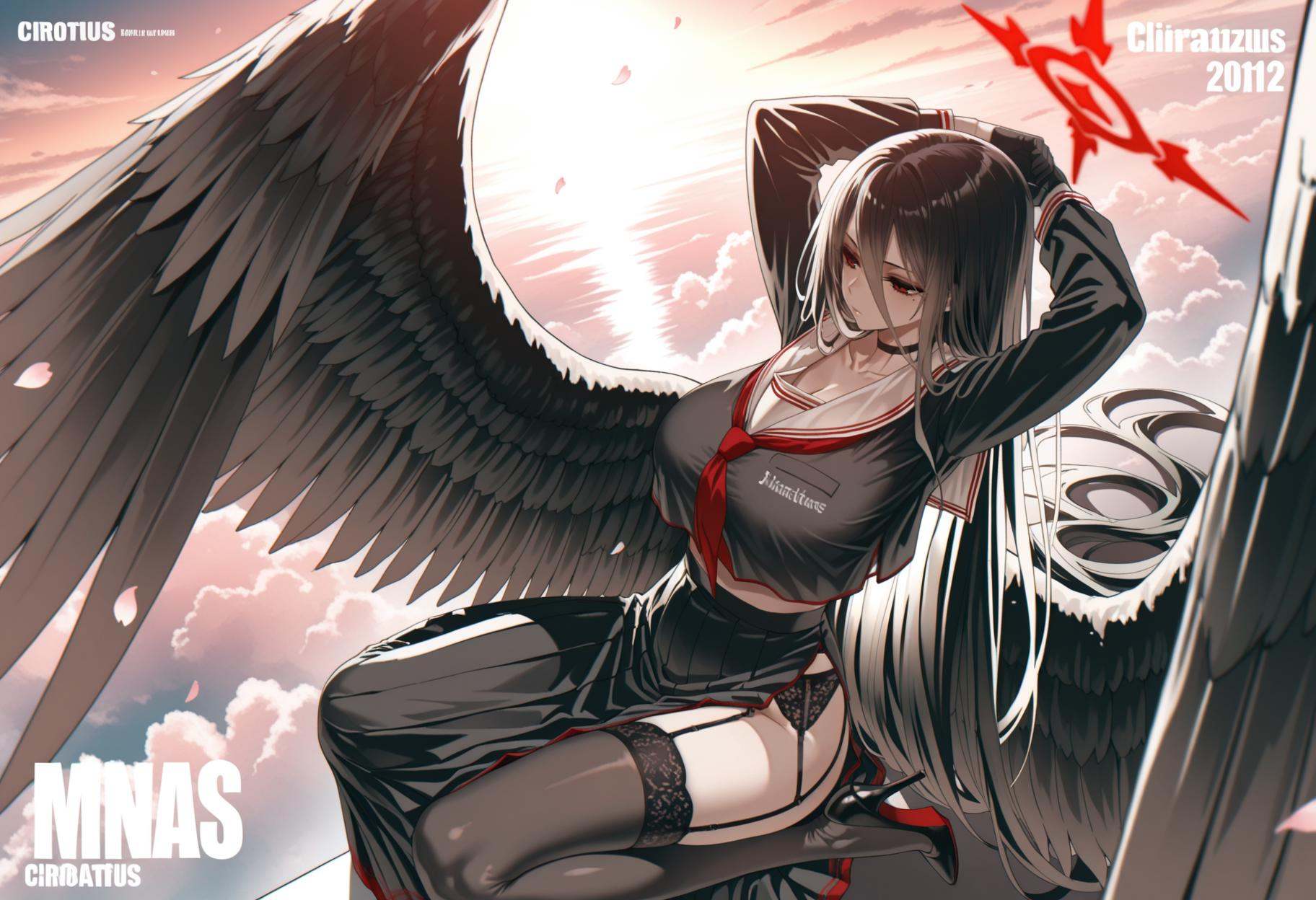 solo,looking_away,Cirrocumulus,Cirrostratus,sky,wind,petals,magazine cover,backlighting,text,masterpiece,best quality,amazing quality,very awa,absurdres,newest,very aesthetic,<lora:莲见-000012:1>,black hair,hair between eyes,long bangs,mole under eye,red eyes,very long hair,diyitao,no ponytail,black choker,black high heels,black garter belt,black gloves,black skirt,black thighhighs,collarbone,garter belt,garter straps,large breasts,long skirt,long sleeves,neckerchief,pleated skirt,red neckerchief,sailor collar,school uniform,serafuku,thighhighs,white sailor collar,halo,black wings,feathered wings,large wings,low wings,****,eyes_closed,stretch,back,sitting,full_body,arm_behind_head,from_side,from_above,