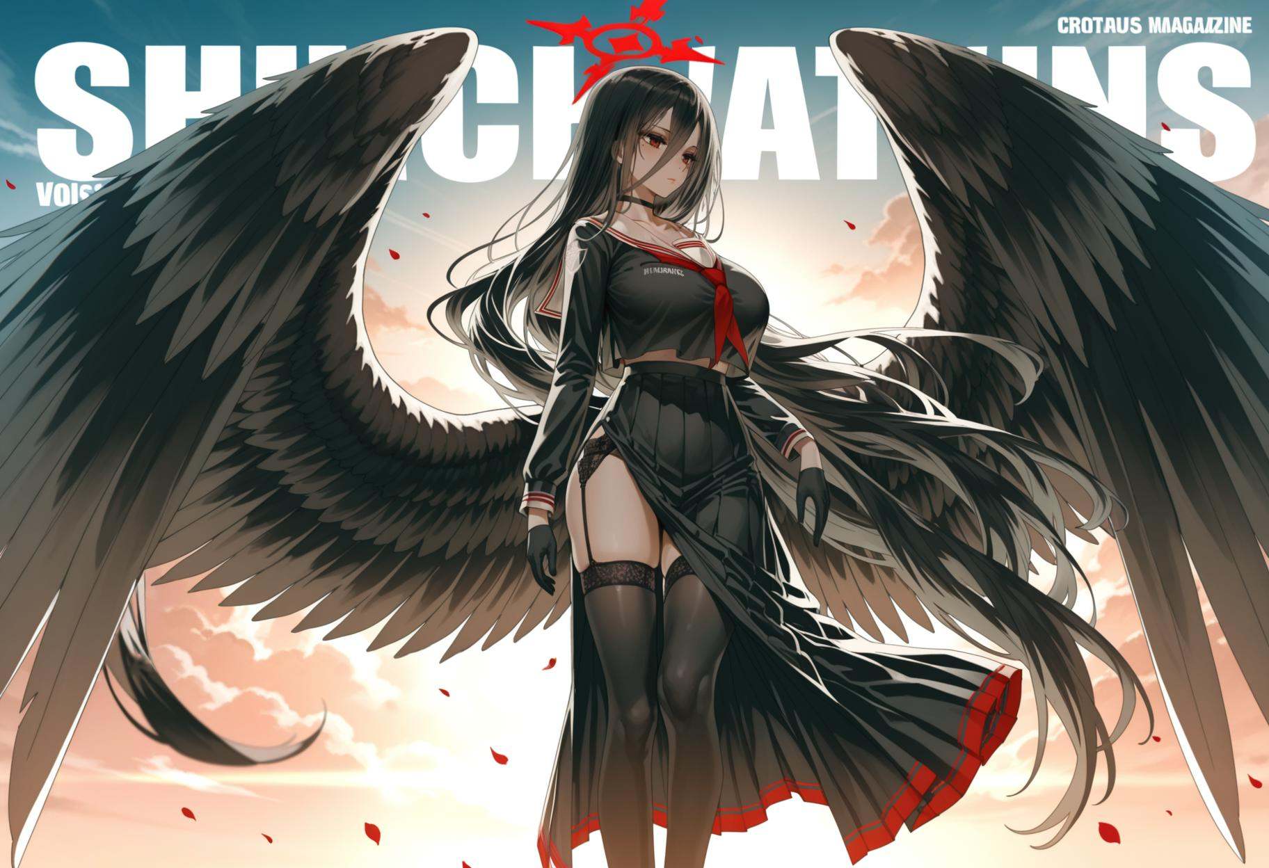 solo,(front view:1.3),looking_away,Cirrocumulus,Cirrostratus,sky,wind,petals,magazine cover,backlighting,text,masterpiece,best quality,amazing quality,very awa,absurdres,newest,very aesthetic,<lora:莲见-000012:1>,black hair,hair between eyes,long bangs,mole under eye,red eyes,very long hair,halo,black wings,feathered wings,large wings,low wings,diyitao,black choker,black high heels,black garter belt,black gloves,black skirt,black thighhighs,collarbone,garter belt,garter straps,large breasts,long skirt,long sleeves,neckerchief,pleated skirt,red neckerchief,sailor collar,school uniform,serafuku,thighhighs,white sailor collar,