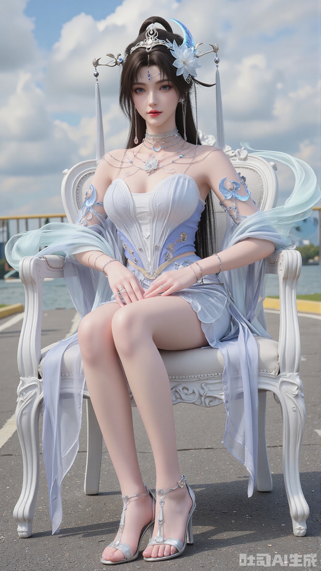 masterpiece,best quality,1girl, hair ornament, solo, jewelry, earrings, long hair, black hair, sitting