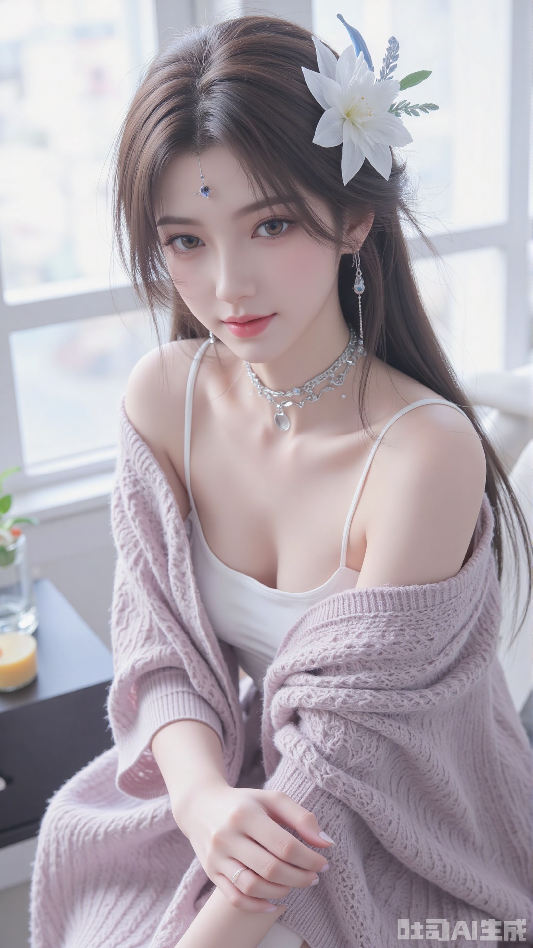 1girl, solo, long hair, looking at viewer, smile, sitting, collarbone, off shoulder, sweater, messy hair, realistic