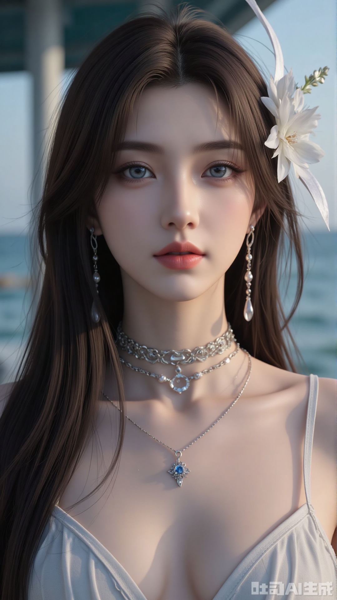  a asian woman, sexy long hair, blue eyes, charming and seductive temperament, distant close-up, golden ratio, movie texture, minimalism, high-end feeling, strong contrast between cold and warm, outdoor scenes, 