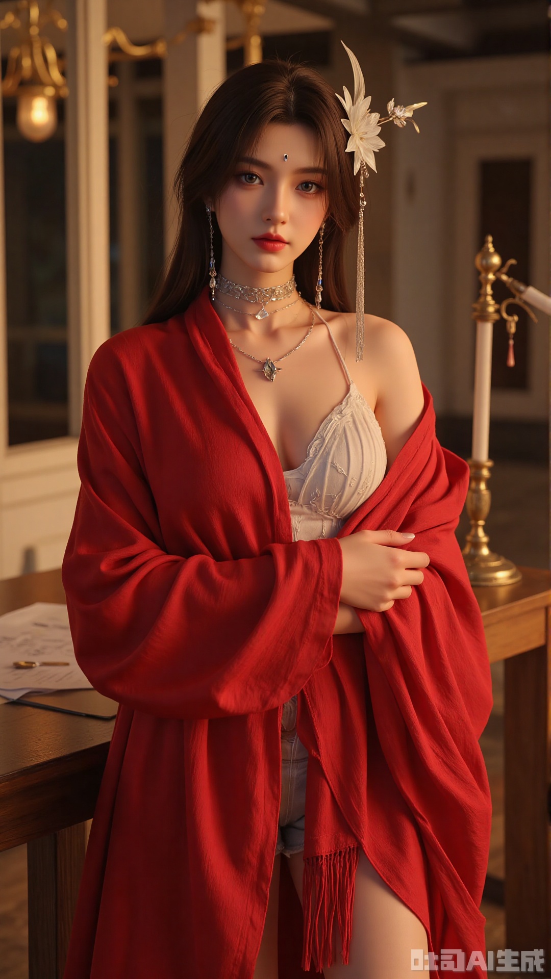 A stunning 18-year-old Chinese woman wraps herself in a vibrant red scarf, posing seductively against a sleek, modern backdrop. Soft, golden lighting accentuates her porcelain complexion and luscious locks. The camera captures the dramatic play of shadows on her features as she confidently flaunts her curves.