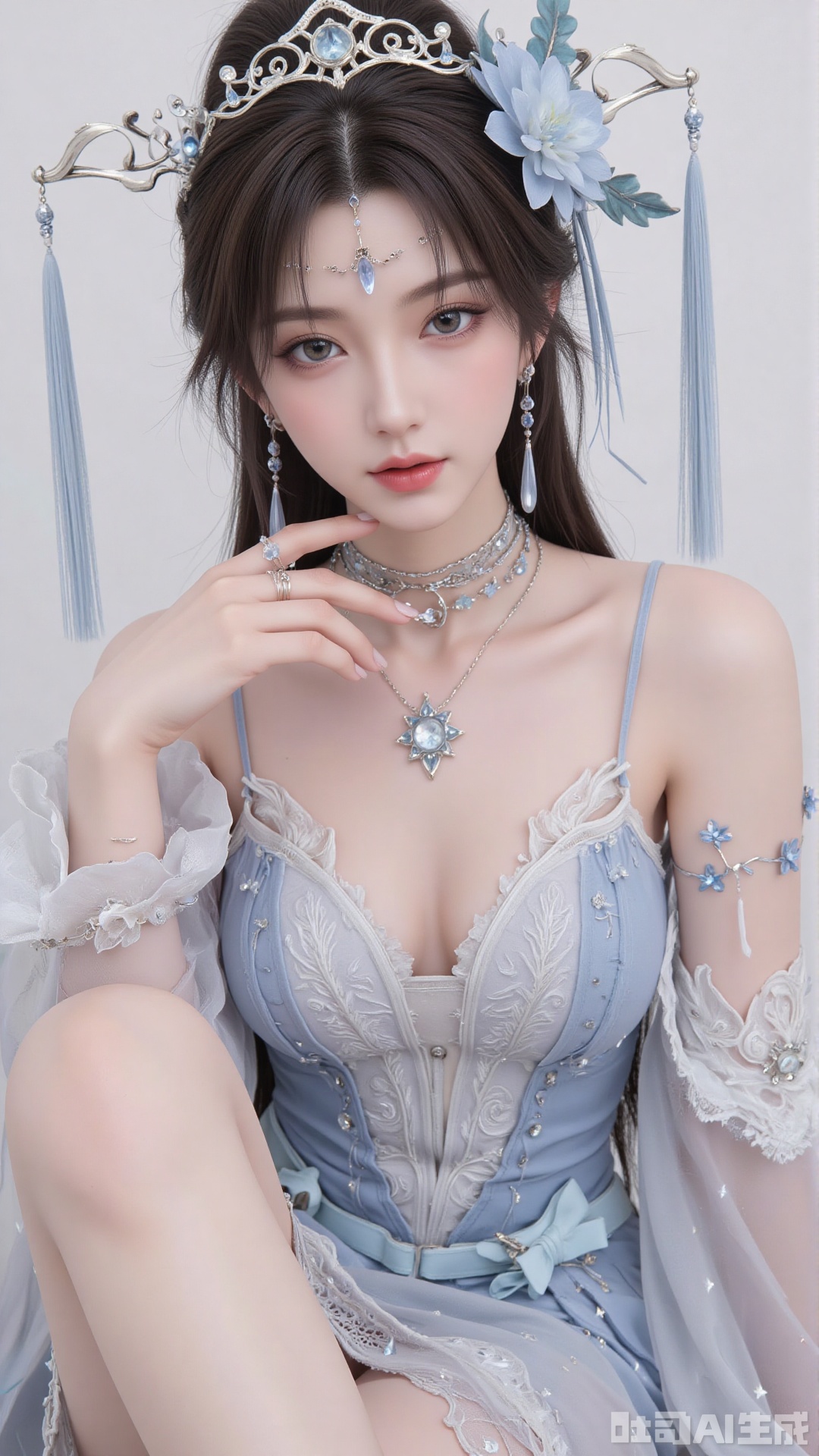 masterpiece,best quality,1girl, hair ornament, solo, jewelry, earrings, long hair, black hair, sitting