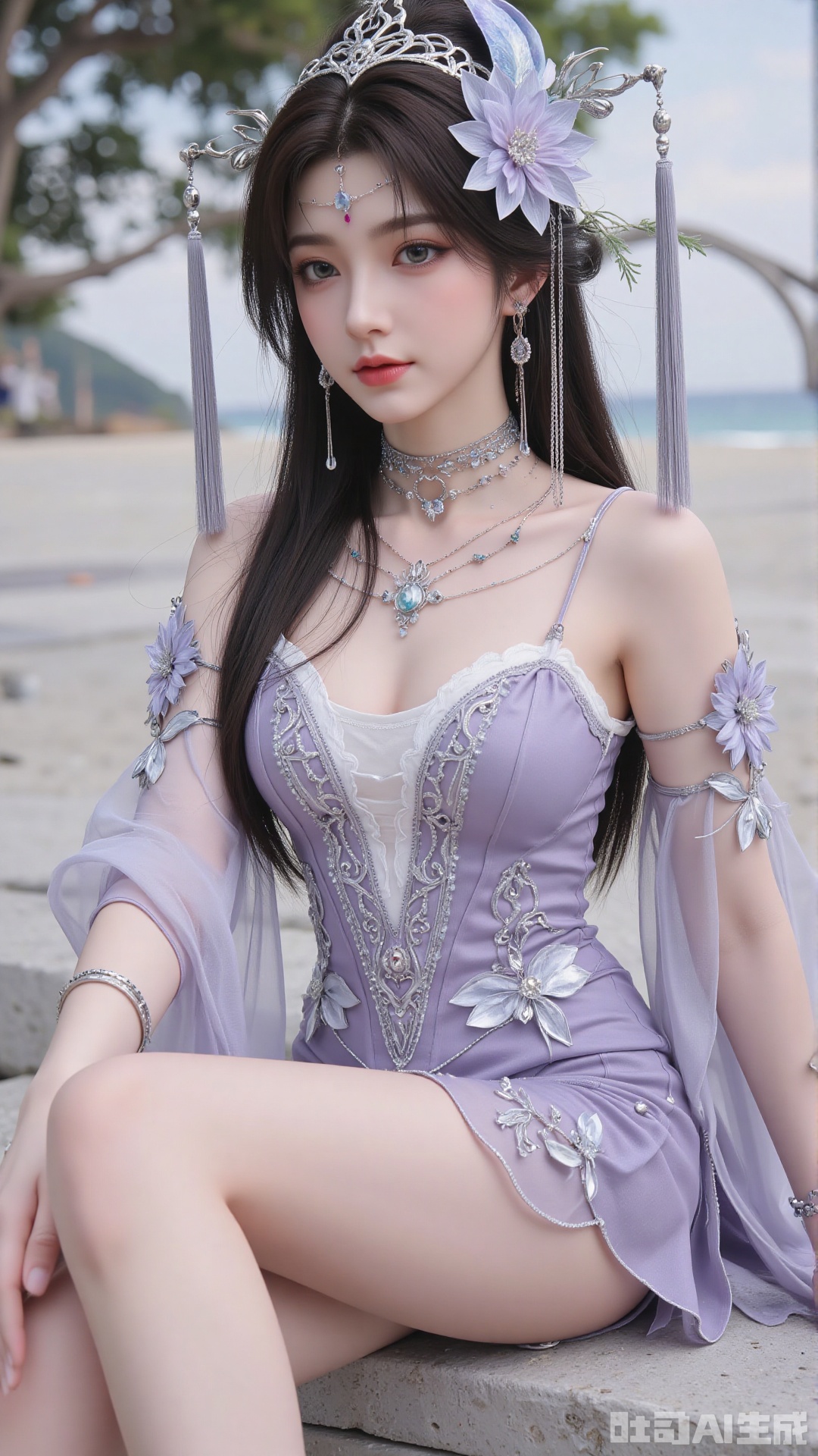 masterpiece,best quality,1girl, hair ornament, solo, jewelry, earrings, long hair, black hair, sitting