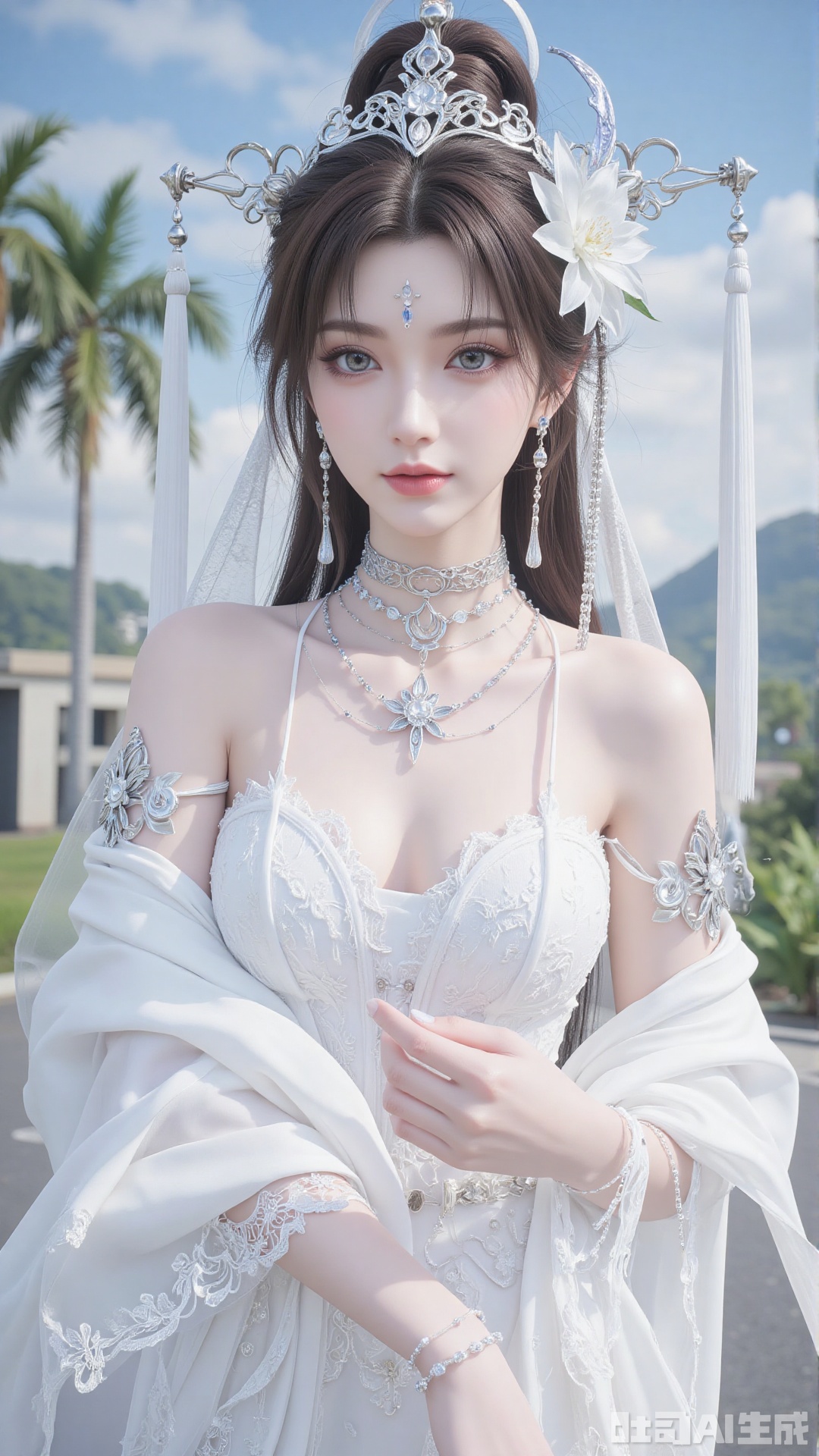 1girl, white wedding dress,looking at viewer, mischevious smile, perfect body, scenery, sharp focus, best quality, masterpiece, detailed outfit, illustration, perfect eyes, finely detailed beautiful anime eyes, realistic skin, intricate details, best lighting, depth of field, ultra high resolution, cowboy_shot, bride