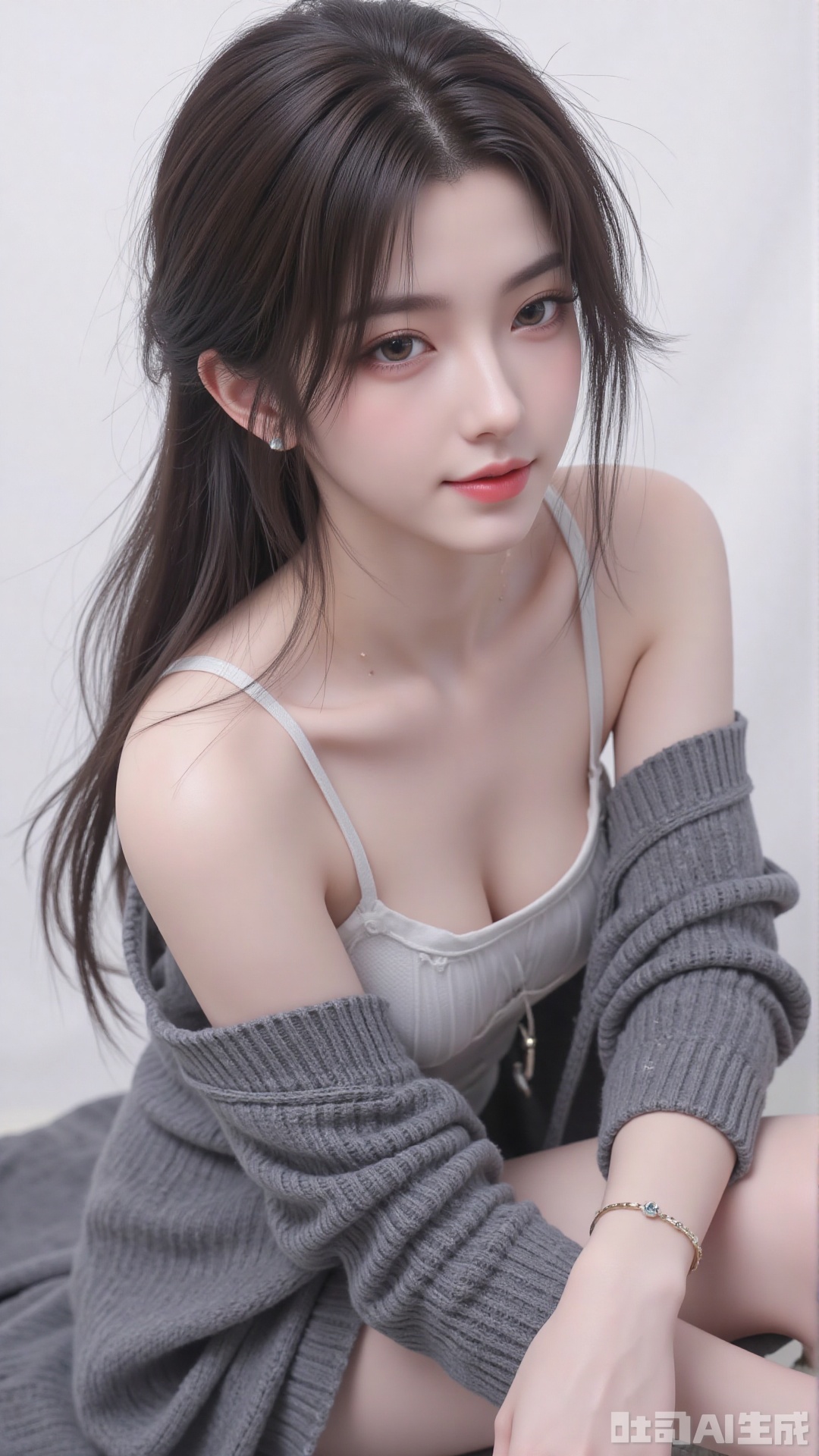 1girl, solo, long hair, looking at viewer, smile, sitting, collarbone, off shoulder, sweater, messy hair, realistic