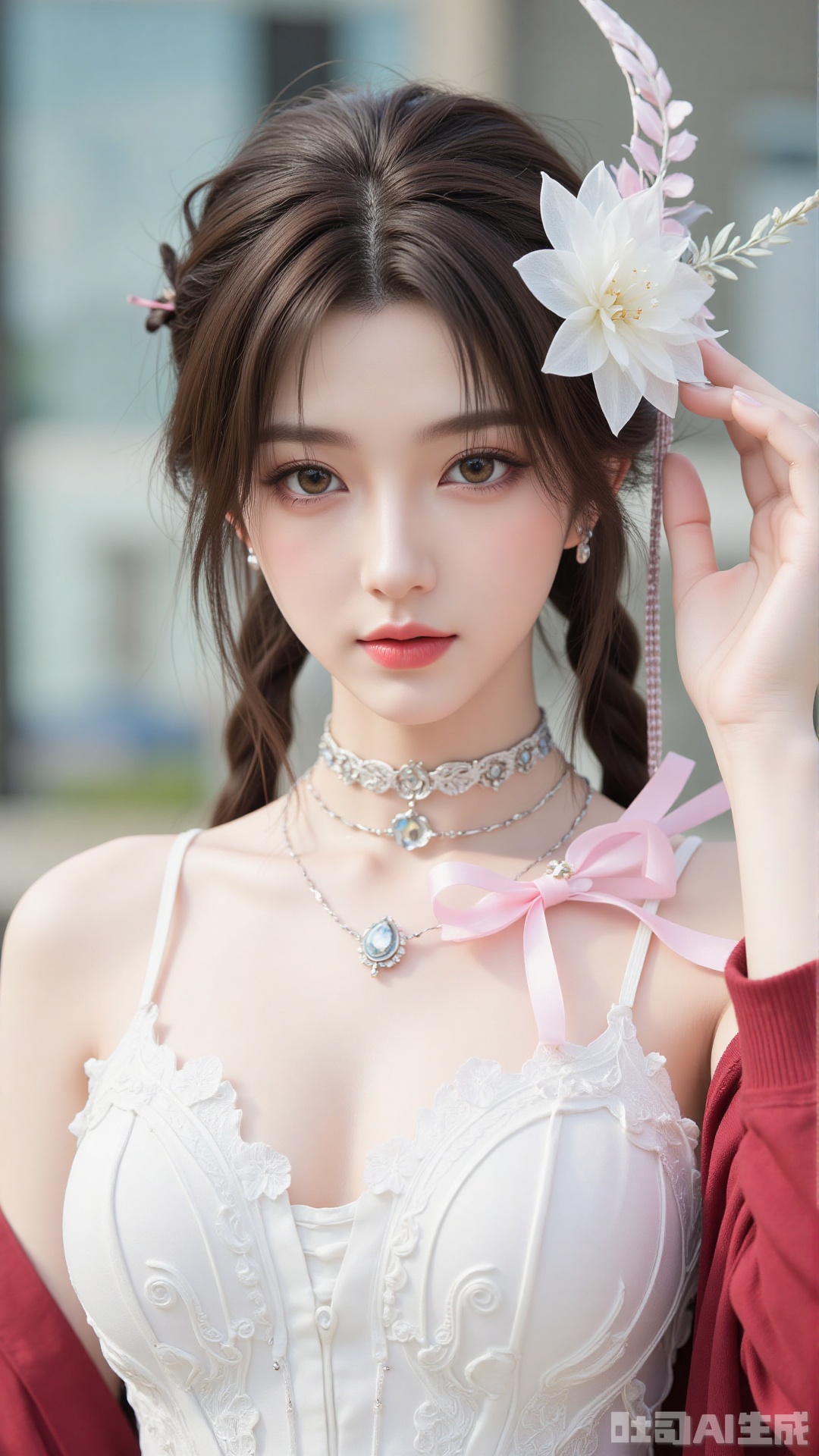 1girl,solo,jewelry,flower,hair flower,hair ornament,necklace,realistic,brown eyes,looking at viewer,dress,blurry background,twin braids,blurry,white dress,long hair,upper body,breasts,pink bow,red jacket,bare shoulders,lips,collarbone,outdoors,cleavage,large natural breast,soft breasts,huge Breasts