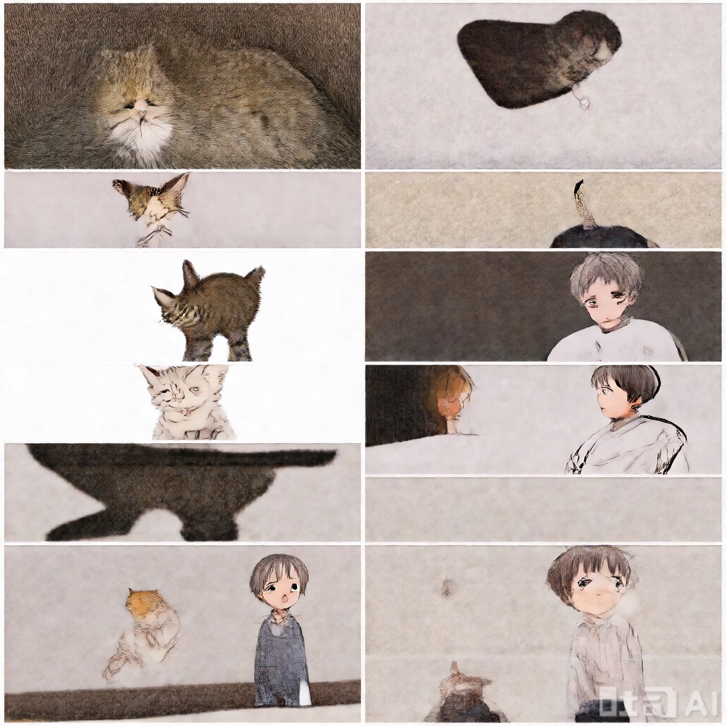 zyx01, whiskers, cat, 1boy, animal, 1girl, standing, looking up, oversized animal, size difference, short hair, looking at another, child, pants