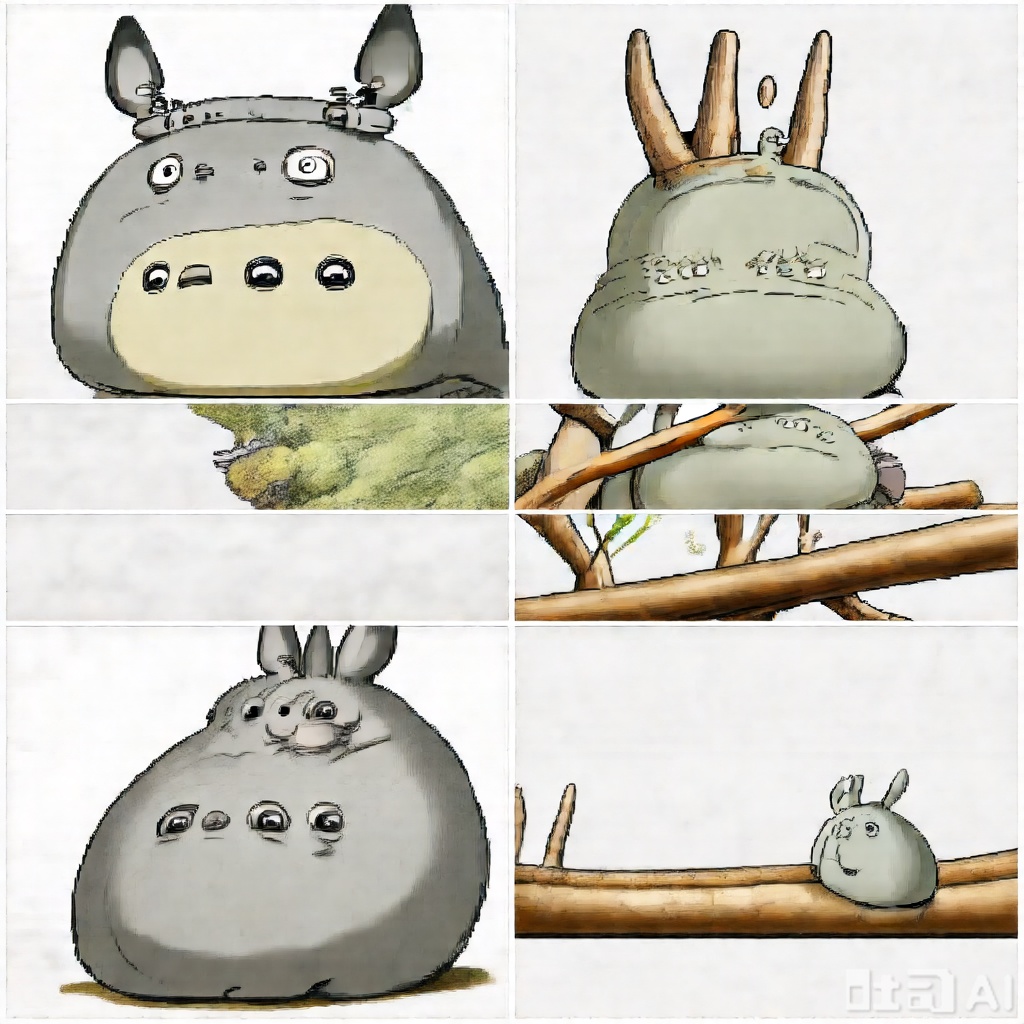 yws ,longmao,a cartoon-style Totoro. It has big round eyes and long black pointed ears. Chinchilla's body is mainly gray and yellow,with some dark spots. Its thick limbs,especially the forelimbs,look very powerful. Chinchilla is sitting on a brown branch with simple background