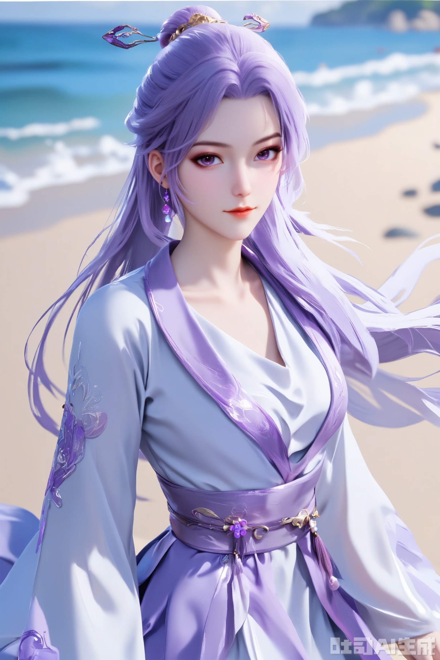 1girl, solo, score_9,score_8_up,long hair, hair ornament, long sleeves, dress, purple eyes,ponytail, purple hair, hair bun, white dress,  sash,The Purple Dress,upper body,looking at viewer,on the beach,on the beach,
