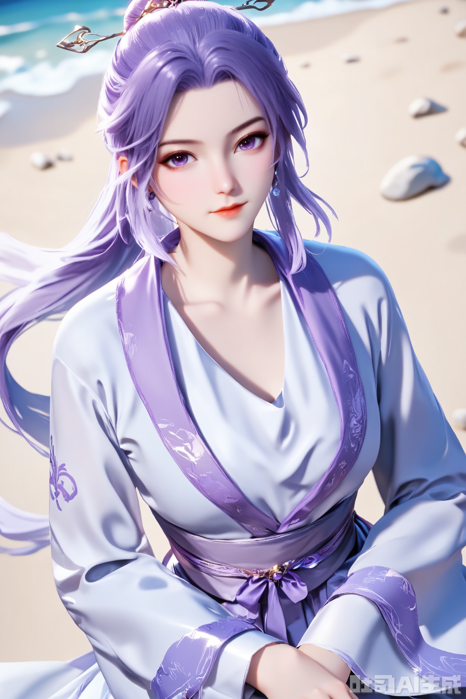 1girl, solo, score_9,score_8_up,long hair, hair ornament, long sleeves, dress, purple eyes,ponytail, purple hair, hair bun, white dress,  sash,The Purple Dress,upper body,looking at viewer,on the beach,on the beach,
