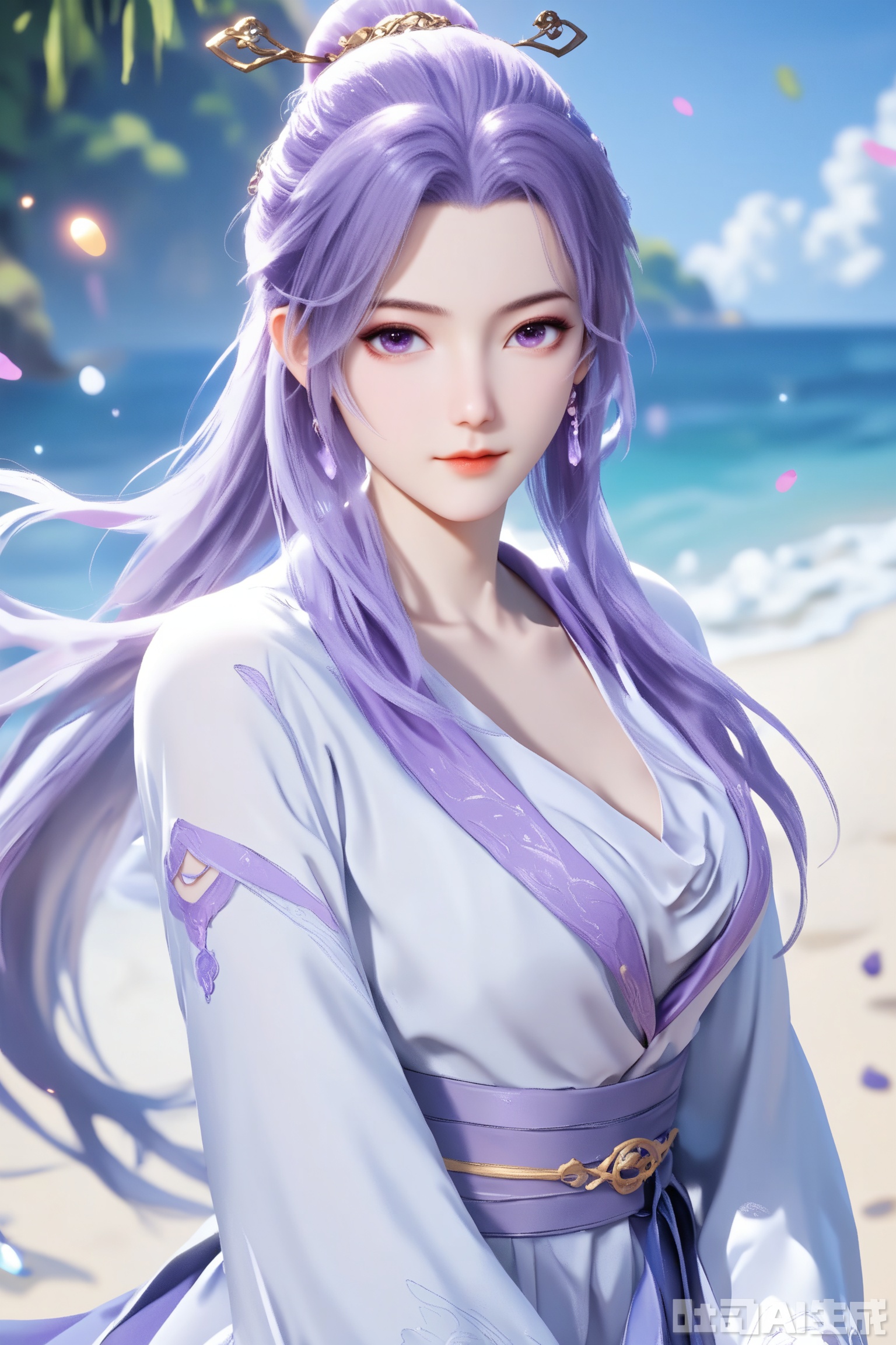 1girl, solo, score_9,score_8_up,long hair, hair ornament, long sleeves, dress, purple eyes,ponytail, purple hair, hair bun, white dress,  sash,The Purple Dress,upper body,looking at viewer,on the beach,on the beach,
