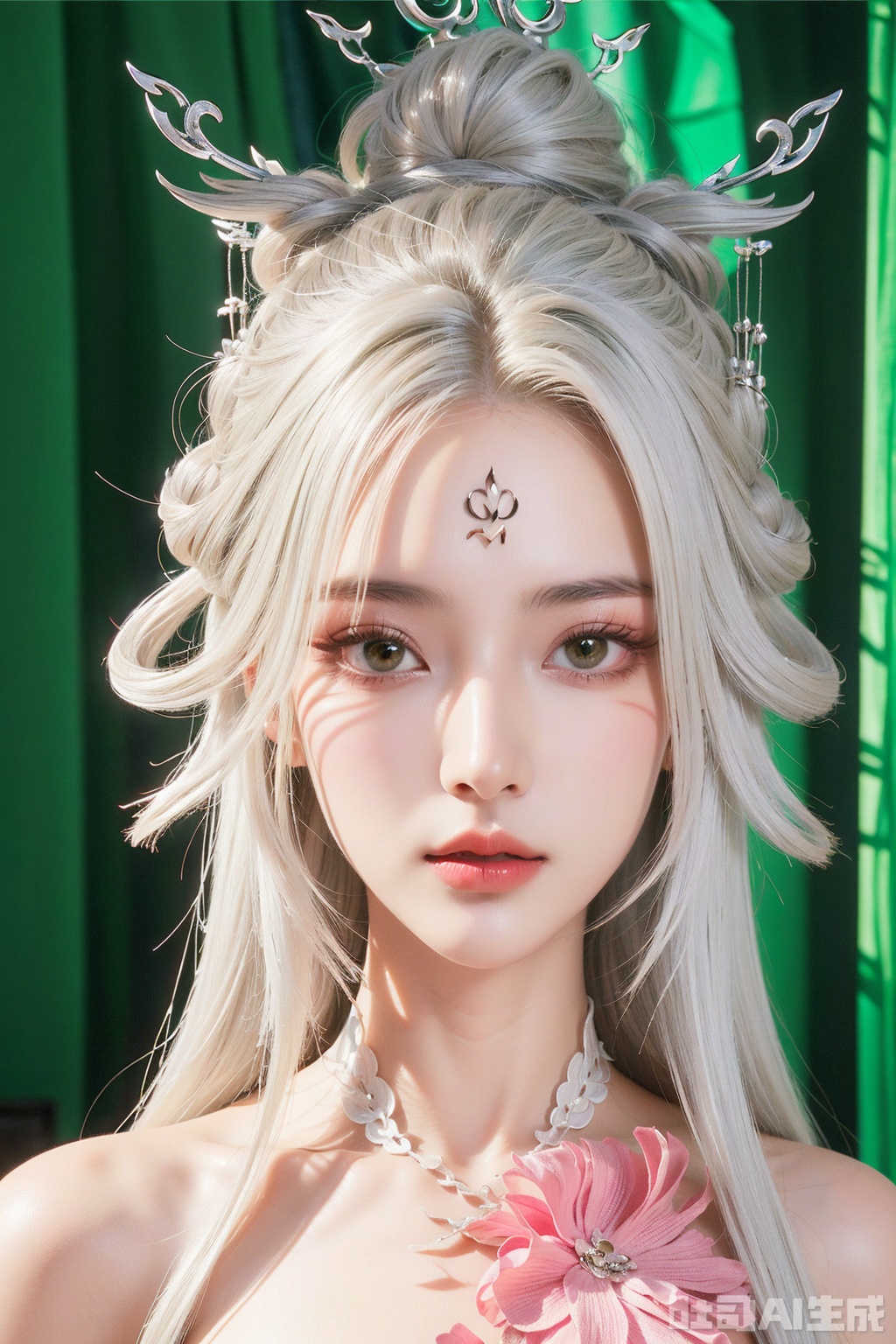 best quality, masterpiece, realistic,luxueqi,1girl, solo, long hair, looking at viewer,,xiaobai,white hair,green eyes, hair bun
