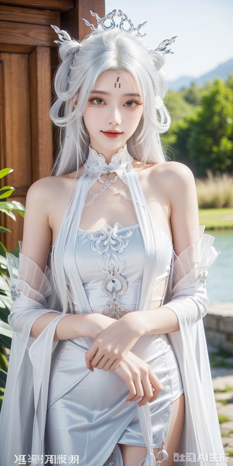 best quality, masterpiece, realistic,luxueqi,1girl, solo, long hair, looking at viewer,,xiaobai,1girl, solo, long hair, looking at viewer, smile, white hair, hair ornament, dress, bare shoulders, upper body, white hair, detached sleeves, white dress, blurry, blurry background, facial mark, hair rings, mountain, forehead mark