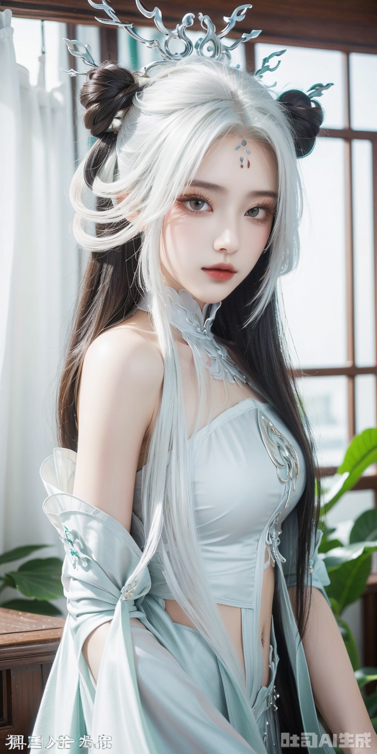 best quality, masterpiece, realistic,luxueqi,1girl, solo, long hair, looking at viewer,,xiaobai,white hair,green eyes, hair bun