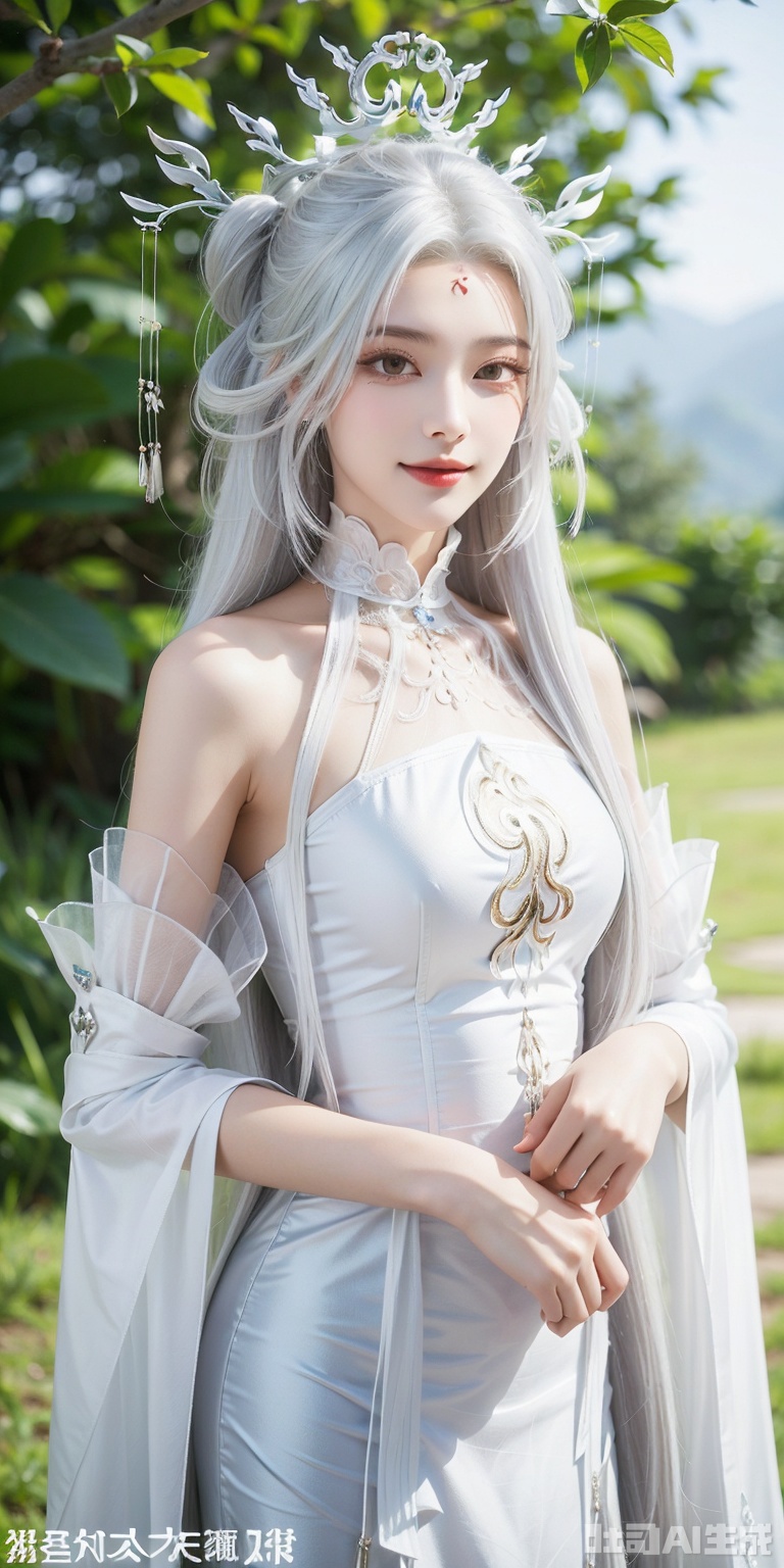 best quality, masterpiece, realistic,luxueqi,1girl, solo, long hair, looking at viewer,,xiaobai,1girl, solo, long hair, looking at viewer, smile, white hair, hair ornament, dress, bare shoulders, upper body, white hair, detached sleeves, white dress, blurry, blurry background, facial mark, hair rings, mountain, forehead mark