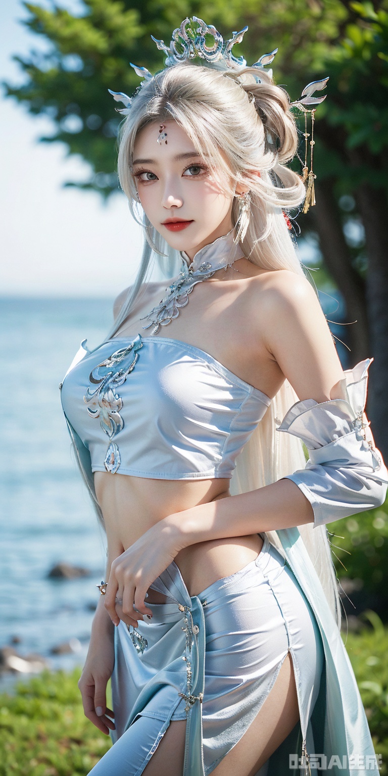 best quality, masterpiece, realistic,cowboy_shot,(Good structure), DSLR Quality,Depth of field,kind smile,looking_at_viewer,Dynamic pose, 
1girl, solo, long hair, , looking at viewer, skirt, hair ornament, bare shoulders, jewelry, , earrings, outdoors, midriff, water, necklace, lips, crop top, leaning forward, ocean, white skirt, strapless vest, sunset, sun,xiaobai,white hair,green eyes,hair ornament,