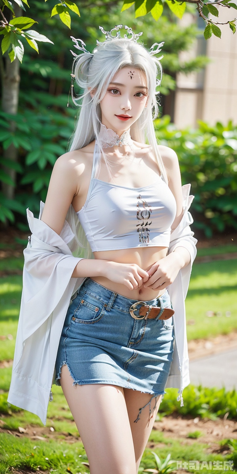  1girl,kind smile, bare_shoulders, belt, blurry, blurry_background, blurry_foreground, branch,  , , collarbone, cosplay_photo, denim, denim_skirt, depth_of_field, hand_on_own_chest, lips, , looking_at_viewer, midriff, miniskirt, motion_blur, navel, outdoors, photo_\(medium\), realistic, skirt, solo, standing, tree,xiaobai,white hair,green eyes,hair ornament,