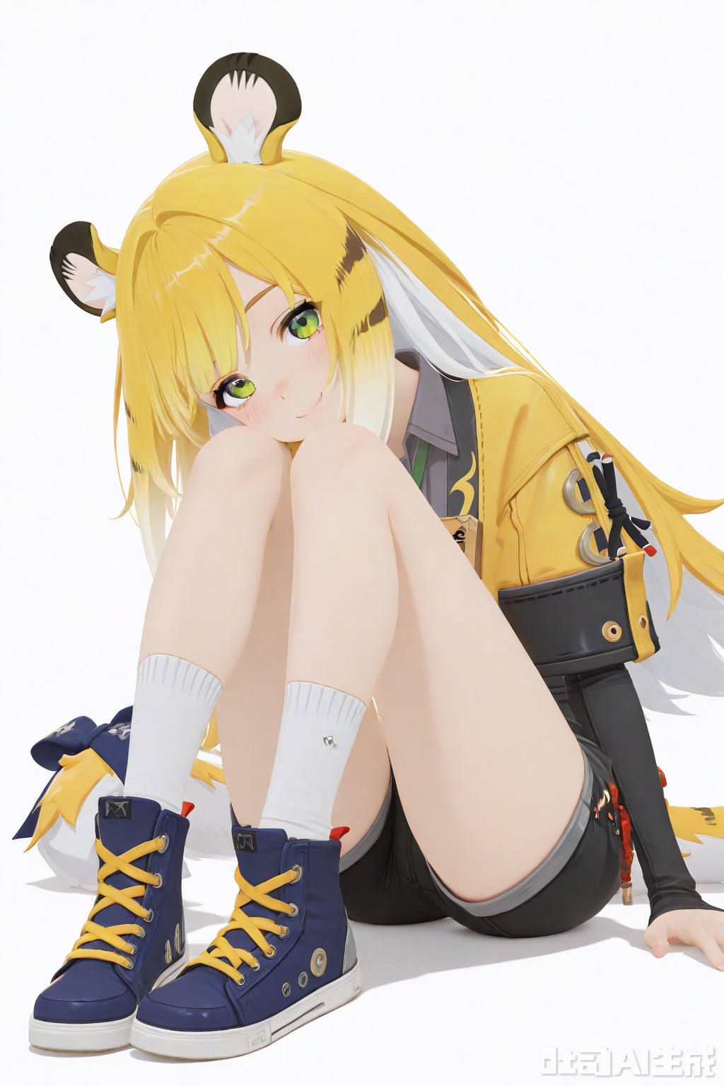masterpiece,best quality,amazing quality,newest,absurdres,highres,very awa,jufufu,jufufu\(zenless zone zero\),solo,1girl,full_body,blonde_hair,white_hair,long hair,tiger_tail,tail_ribbon,green_eyes,yellow jacket,gray collared shirt,black shorts,white socks,no shoes,cute_smile,official_art,blush,white_background,simple_background,monochromatic_background,looking at viewer,white socks, layered_sleeves,tiger_ears,blue_sneakers, work_badge,loli,