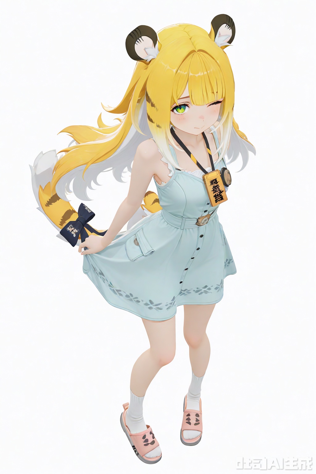 masterpiece,best quality,amazing quality,newest,absurdres,highres,very awa,jufufu,jufufu\(zenless zone zero\),solo,1girl,full_body,blonde_hair,white_hair,long hair,tiger_tail,tail_ribbon,green_eyes, light blue sundress, official_art,blush,white_background,simple_background,monochromatic_background,looking at viewer,white socks, light pink slippers,tiger_ears,work_badge,one_eye_closed,happy,