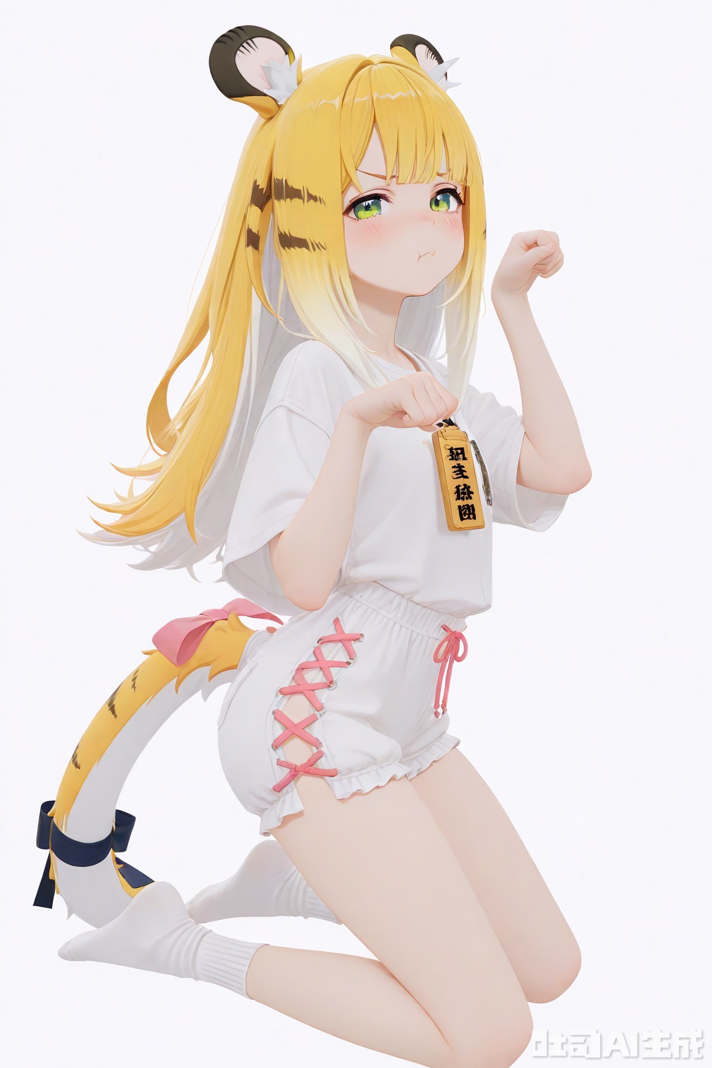 masterpiece,best quality,amazing quality,newest,absurdres,highres,very awa,jufufu,jufufu\(zenless zone zero\),solo,1girl,full_body,blonde_hair,white_hair,long hair,tiger_tail,tail_ribbon,green_eyes,white and pink pajama shirt, white and yellow pajama pants, official_art,blush,white_background,simple_background,monochromatic_background,looking at viewer,white socks, no shoes,tiger_ears,work_badge,kneeling,:d,loli,cute,tsunderia,pout,paw_pose,