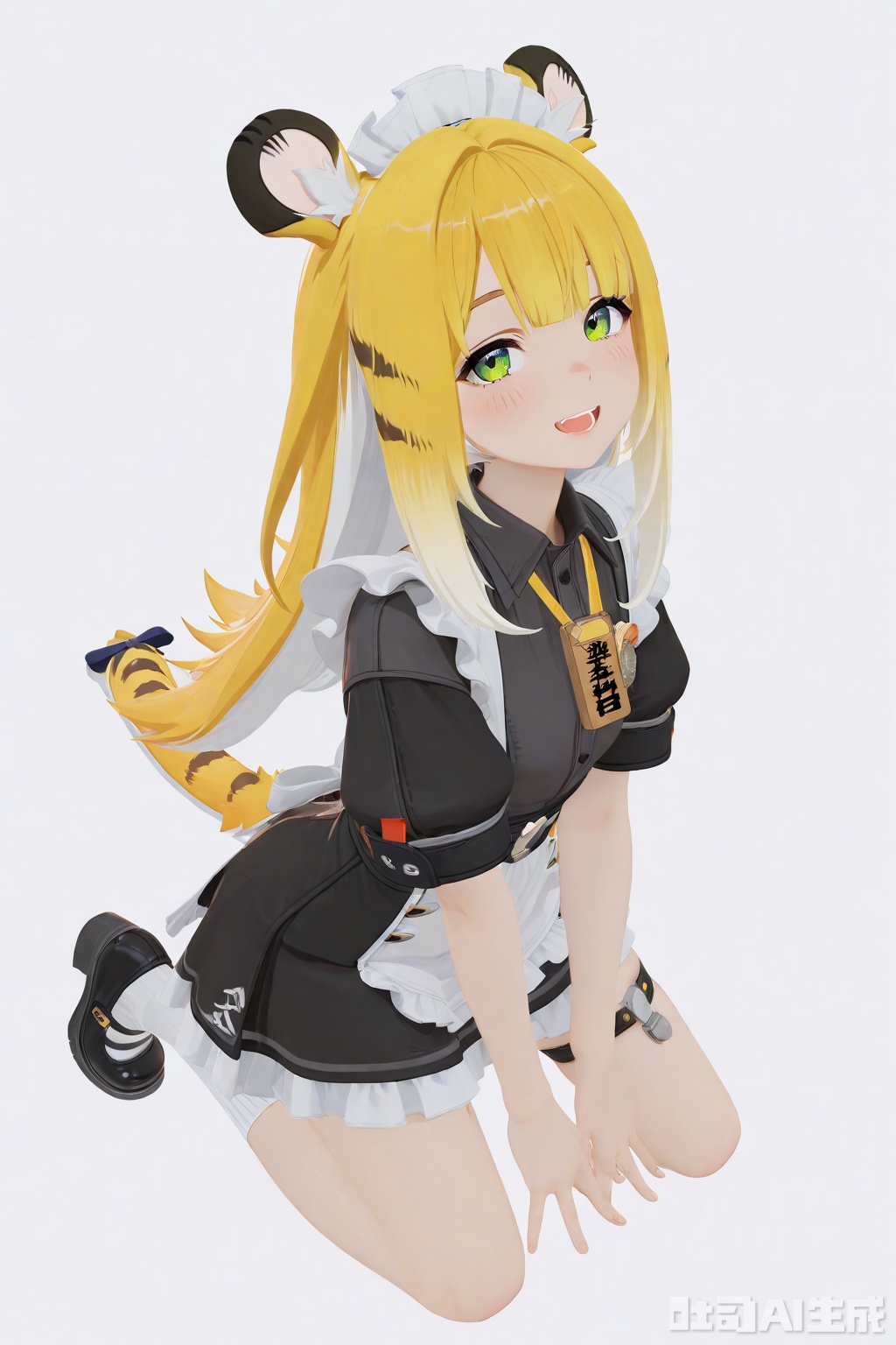 masterpiece,best quality,amazing quality,newest,absurdres,highres,very awa,jufufu,jufufu\(zenless zone zero\),solo,1girl,full_body,blonde_hair,white_hair,long hair,tiger_tail,tail_ribbon,green_eyes,maid_dress, official_art,blush,white_background,simple_background,monochromatic_background,looking at viewer,white socks, black mary_janes,tiger_ears,work_badge,kneeling,:d,work badge,loli,thigh strap,