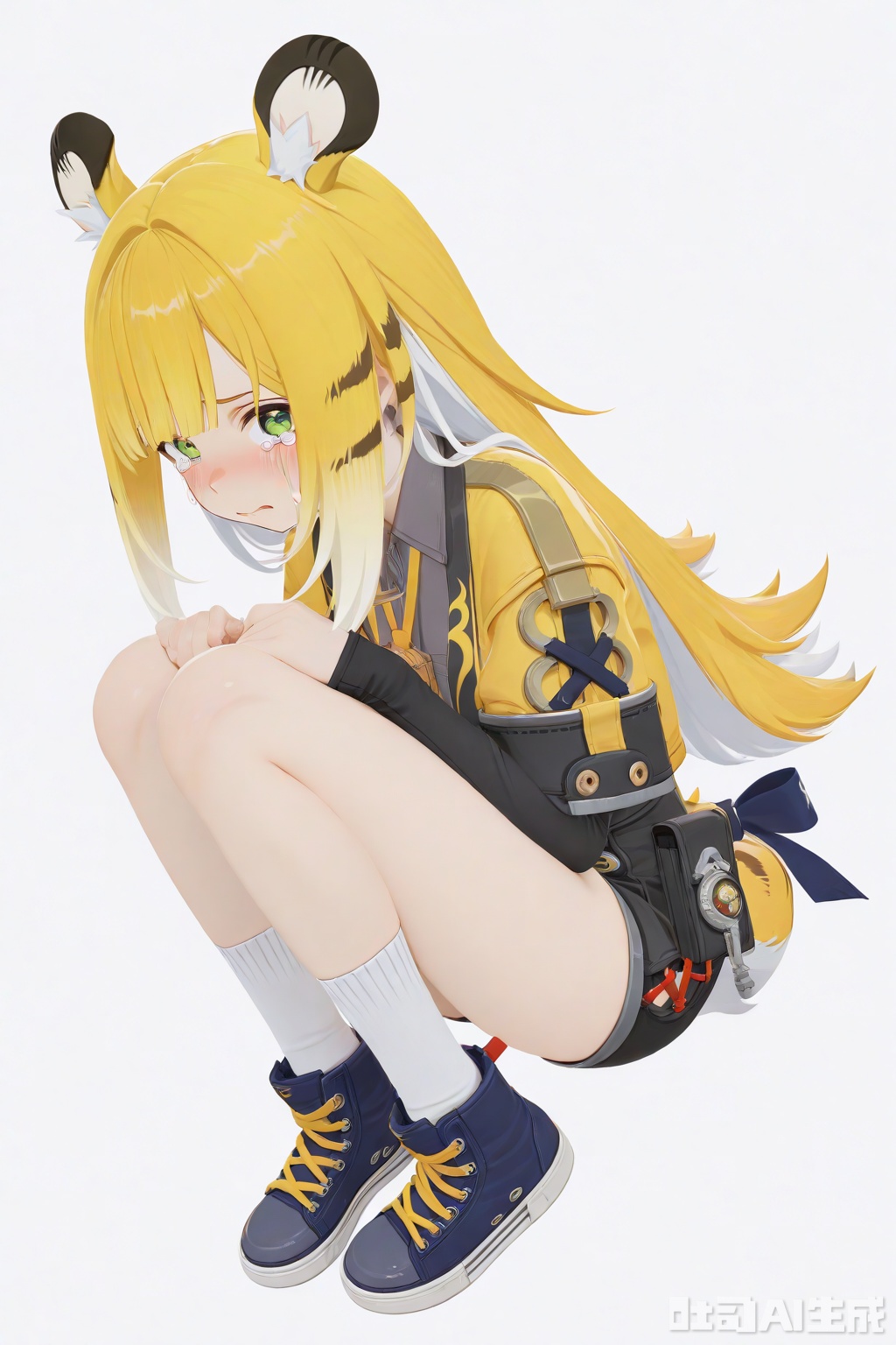 masterpiece,best quality,amazing quality,newest,absurdres,highres,very awa,jufufu,jufufu\(zenless zone zero\),solo,1girl,full_body,blonde_hair,white_hair,long hair,tiger_tail,tail_ribbon,green_eyes,yellow jacket,gray collared shirt,black shorts,white socks,crying,O_O,official_art,blush,white_background,simple_background,monochromatic_background,looking at viewer,white socks, layered_sleeves,tiger_ears,blue_sneakers, work_badge,loli,