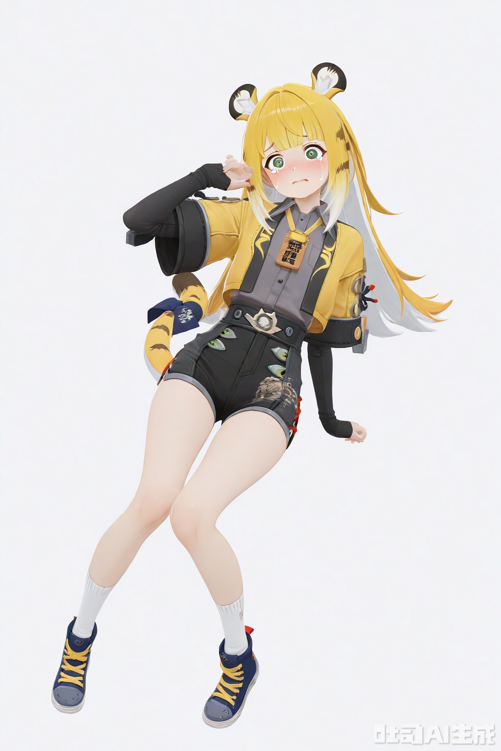 masterpiece,best quality,amazing quality,newest,absurdres,highres,very awa,jufufu,jufufu\(zenless zone zero\),solo,1girl,full_body,blonde_hair,white_hair,long hair,tiger_tail,tail_ribbon,green_eyes,yellow jacket,gray collared shirt,black shorts,white socks,crying,O_O,official_art,blush,white_background,simple_background,monochromatic_background,looking at viewer,white socks, layered_sleeves,tiger_ears,blue_sneakers, work_badge,loli,