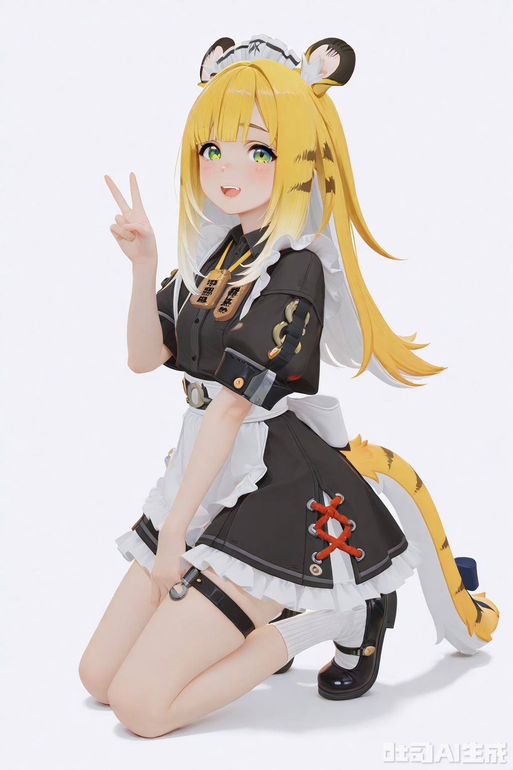masterpiece,best quality,amazing quality,newest,absurdres,highres,very awa,jufufu,jufufu\(zenless zone zero\),solo,1girl,full_body,blonde_hair,white_hair,long hair,tiger_tail,tail_ribbon,green_eyes,maid_dress, official_art,blush,white_background,simple_background,monochromatic_background,looking at viewer,white socks, black mary_janes,tiger_ears,work_badge,kneeling,:d,work badge,loli,thigh strap,v,cute,