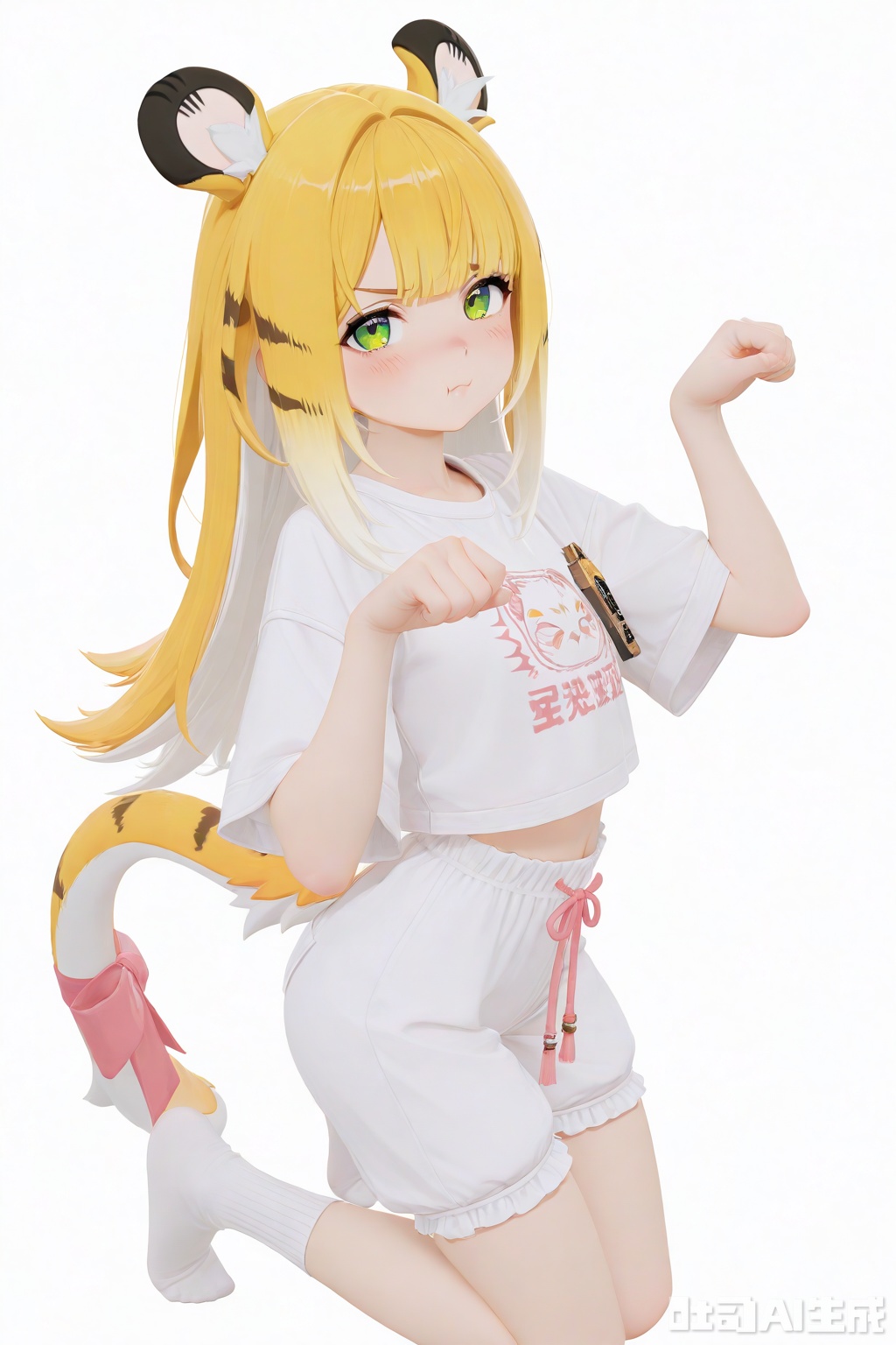 masterpiece,best quality,amazing quality,newest,absurdres,highres,very awa,jufufu,jufufu\(zenless zone zero\),solo,1girl,full_body,blonde_hair,white_hair,long hair,tiger_tail,tail_ribbon,green_eyes,white and pink pajama shirt, white and yellow pajama pants, official_art,blush,white_background,simple_background,monochromatic_background,looking at viewer,white socks, no shoes,tiger_ears,work_badge,kneeling,:d,loli,cute,tsunderia,pout,paw_pose,