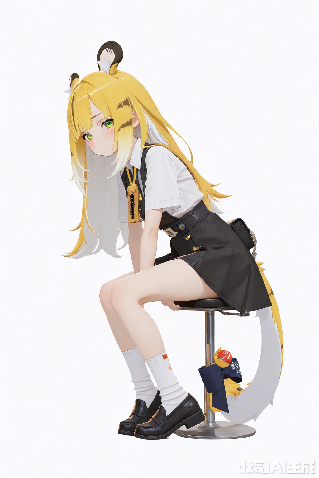 masterpiece,best quality,amazing quality,newest,absurdres,highres,very awa,jufufu,jufufu\(zenless zone zero\),solo,1girl,full_body,blonde_hair,white_hair,long hair,tiger_tail,tail_ribbon,green_eyes, white shirt, black dress, official_art,blush,white_background,simple_background,monochromatic_background,looking at viewer,white socks, tiger_ears,black loafers, work_badge,loli,