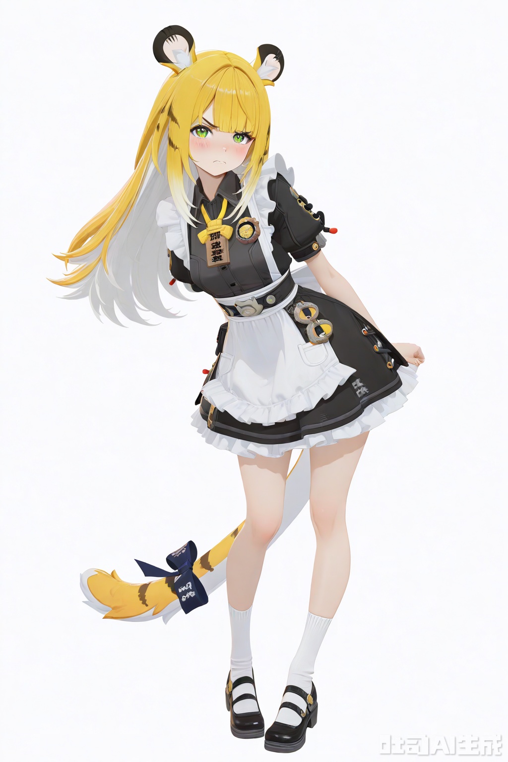 masterpiece,best quality,amazing quality,newest,absurdres,highres,very awa,jufufu,jufufu\(zenless zone zero\),solo,1girl,full_body,blonde_hair,white_hair,long hair,tiger_tail,tail_ribbon,green_eyes,long maid_dress, official_art,blush,white_background,simple_background,monochromatic_background,looking at viewer,white socks, black mary_janes,tiger_ears,work_badge,standing_on_one_leg,angry,