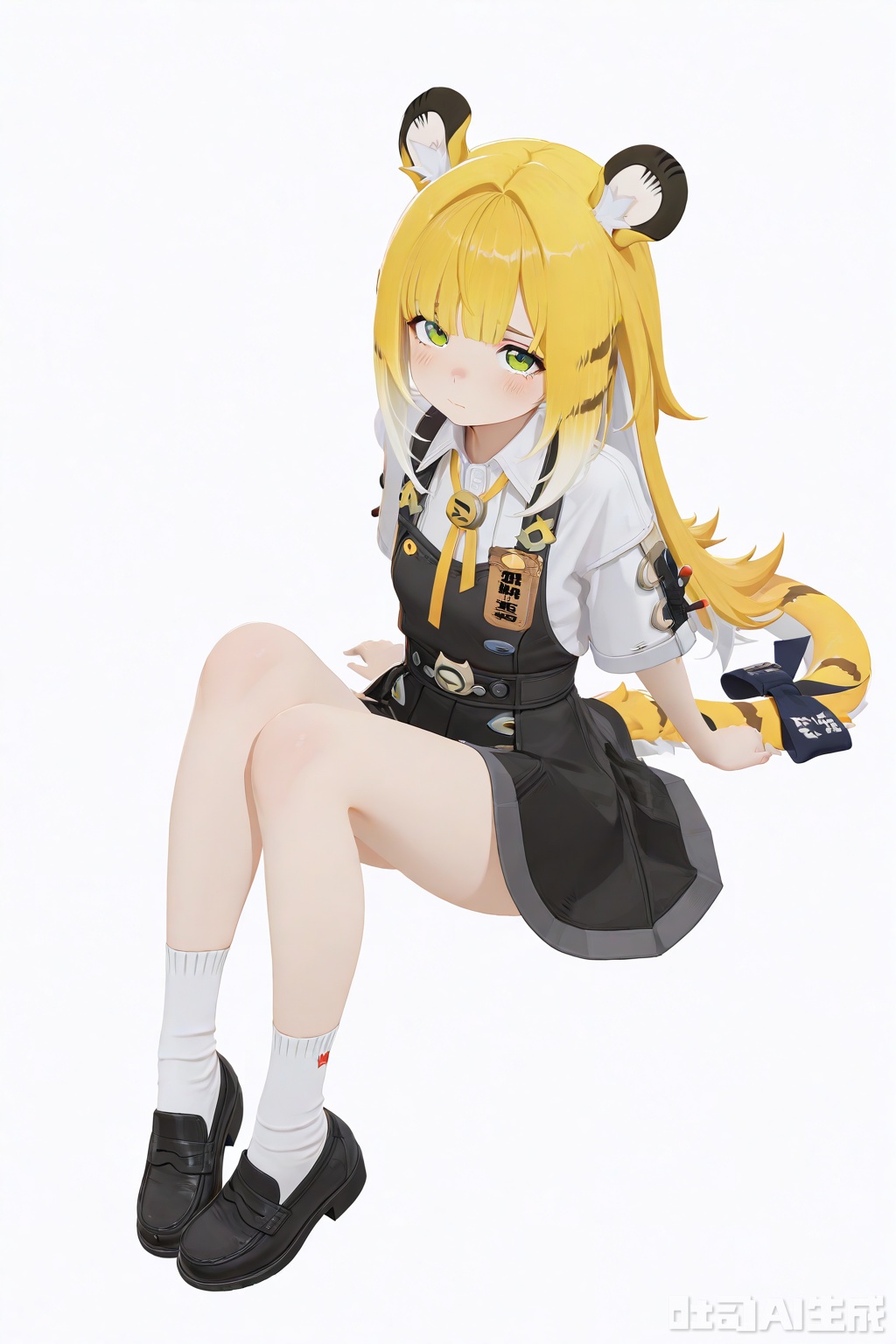 masterpiece,best quality,amazing quality,newest,absurdres,highres,very awa,jufufu,jufufu\(zenless zone zero\),solo,1girl,full_body,blonde_hair,white_hair,long hair,tiger_tail,tail_ribbon,green_eyes, white shirt, black dress, official_art,blush,white_background,simple_background,monochromatic_background,looking at viewer,white socks, tiger_ears,black loafers, work_badge,loli,