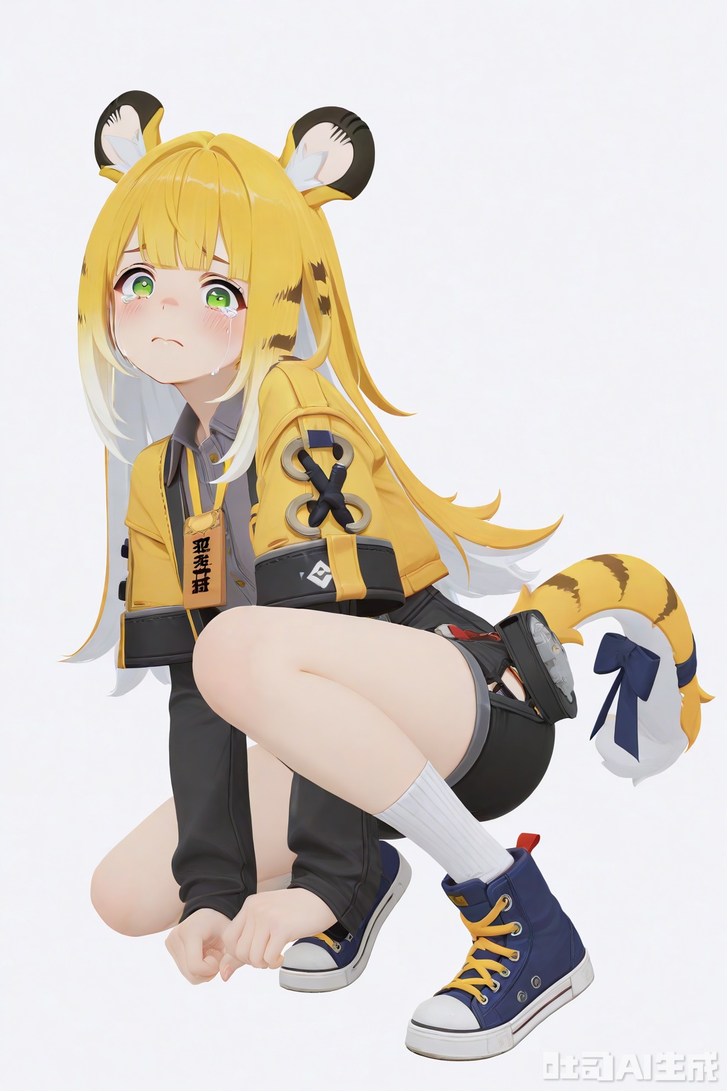 masterpiece,best quality,amazing quality,newest,absurdres,highres,very awa,jufufu,jufufu\(zenless zone zero\),solo,1girl,full_body,blonde_hair,white_hair,long hair,tiger_tail,tail_ribbon,green_eyes,yellow jacket,gray collared shirt,black shorts,white socks,crying,O_O,official_art,blush,white_background,simple_background,monochromatic_background,looking at viewer,white socks, layered_sleeves,tiger_ears,blue_sneakers, work_badge,loli,