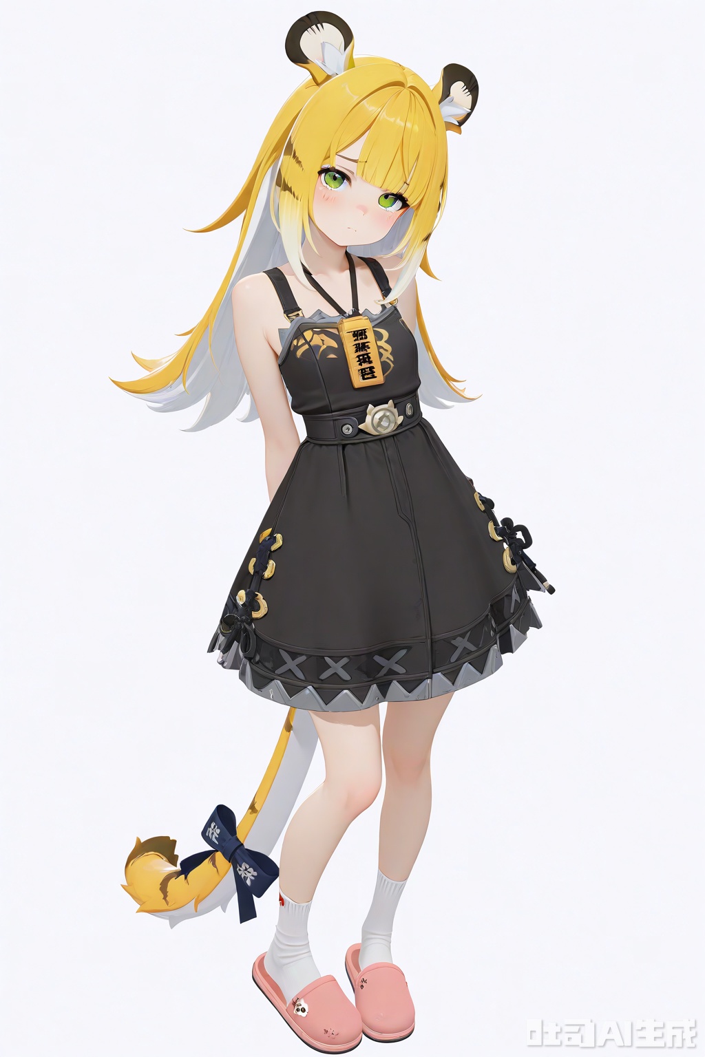 masterpiece,best quality,amazing quality,newest,absurdres,highres,very awa,jufufu,jufufu\(zenless zone zero\),solo,1girl,full_body,blonde_hair,white_hair,long hair,tiger_tail,tail_ribbon,green_eyes, black sundress, official_art,blush,white_background,simple_background,monochromatic_background,looking at viewer,white socks, pink slippers,tiger_ears,, work_badge,loli,