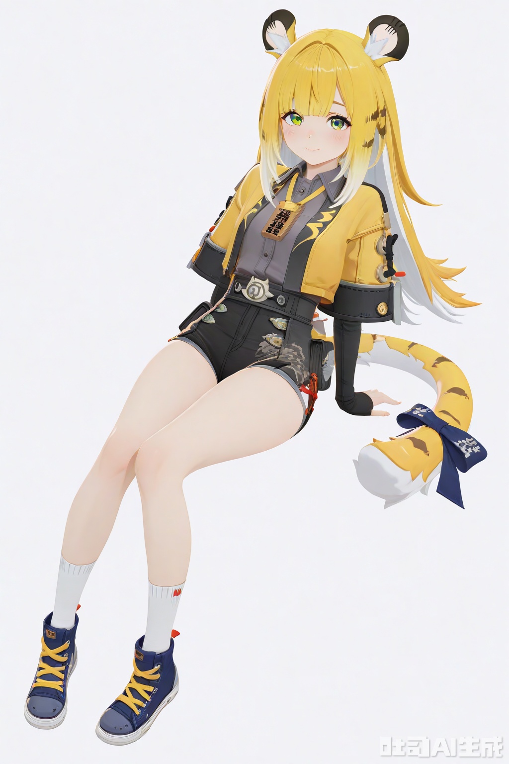 masterpiece,best quality,amazing quality,newest,absurdres,highres,very awa,jufufu,jufufu\(zenless zone zero\),solo,1girl,full_body,blonde_hair,white_hair,long hair,tiger_tail,tail_ribbon,green_eyes,yellow jacket,gray collared shirt,black shorts,white socks,no shoes,cute_smile,official_art,blush,white_background,simple_background,monochromatic_background,looking at viewer,white socks, layered_sleeves,tiger_ears,blue_sneakers, work_badge,closed_mouth