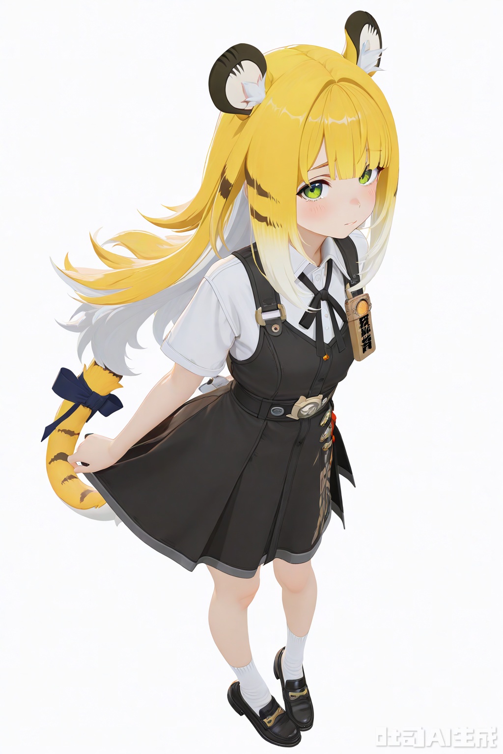 masterpiece,best quality,amazing quality,newest,absurdres,highres,very awa,jufufu,jufufu\(zenless zone zero\),solo,1girl,full_body,blonde_hair,white_hair,long hair,tiger_tail,tail_ribbon,green_eyes, white shirt, black dress, official_art,blush,white_background,simple_background,monochromatic_background,looking at viewer,white socks, tiger_ears,black loafers, work_badge,loli,