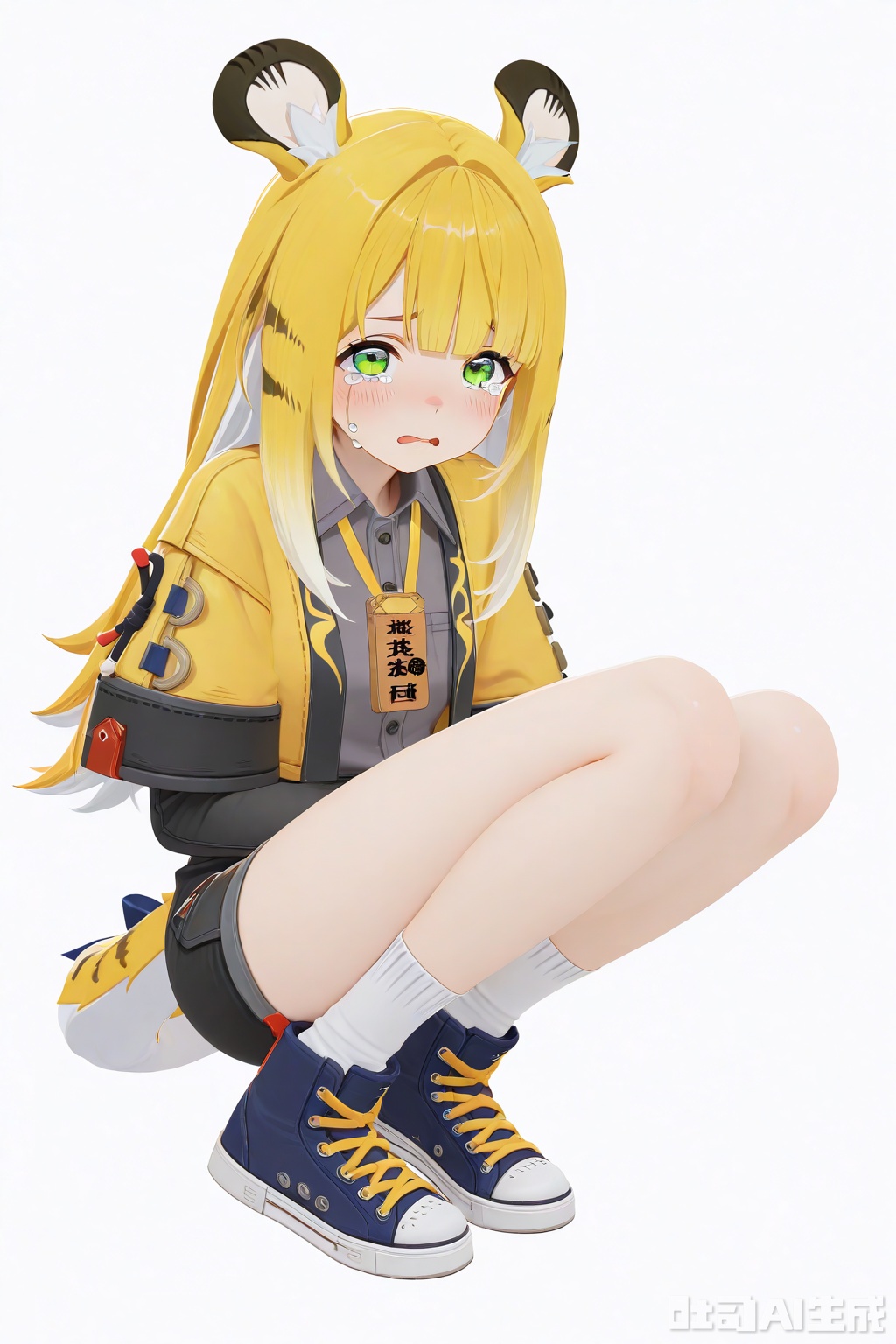 masterpiece,best quality,amazing quality,newest,absurdres,highres,very awa,jufufu,jufufu\(zenless zone zero\),solo,1girl,full_body,blonde_hair,white_hair,long hair,tiger_tail,tail_ribbon,green_eyes,yellow jacket,gray collared shirt,black shorts,white socks,crying,O_O,official_art,blush,white_background,simple_background,monochromatic_background,looking at viewer,white socks, layered_sleeves,tiger_ears,blue_sneakers, work_badge,loli,