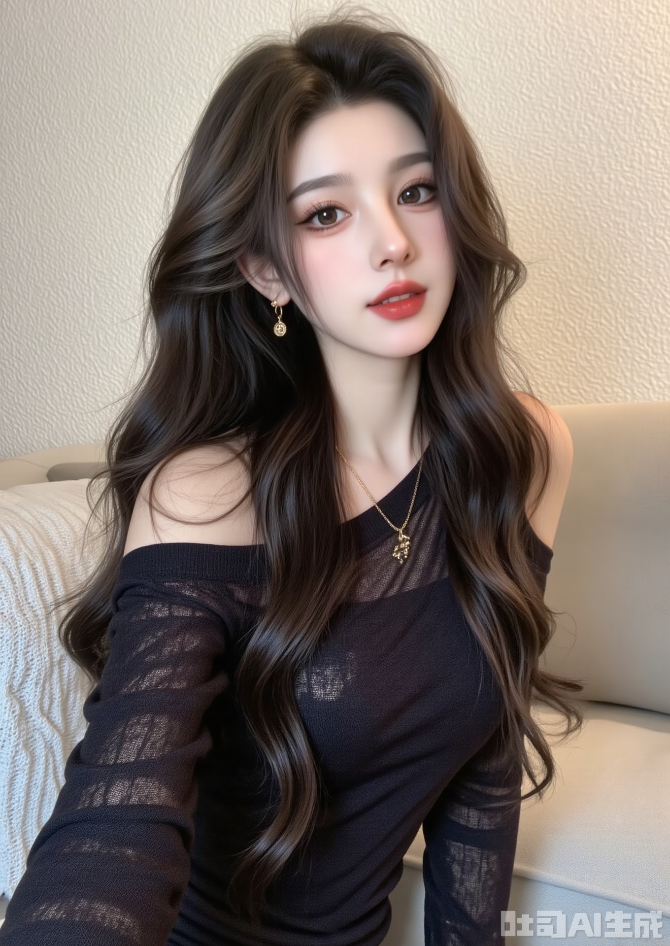 The image shows a person with long, wavy, dark brown hair, styled to one side. They are wearing a dark, off-the-shoulder top made of a mesh-like material. A delicate gold necklace with a small pendant is visible around their neck. The person is seated, and the background consists of a textured, light-colored wall and a light-colored couch. The overall setting appears to be indoors, likely in a living room or similar space.