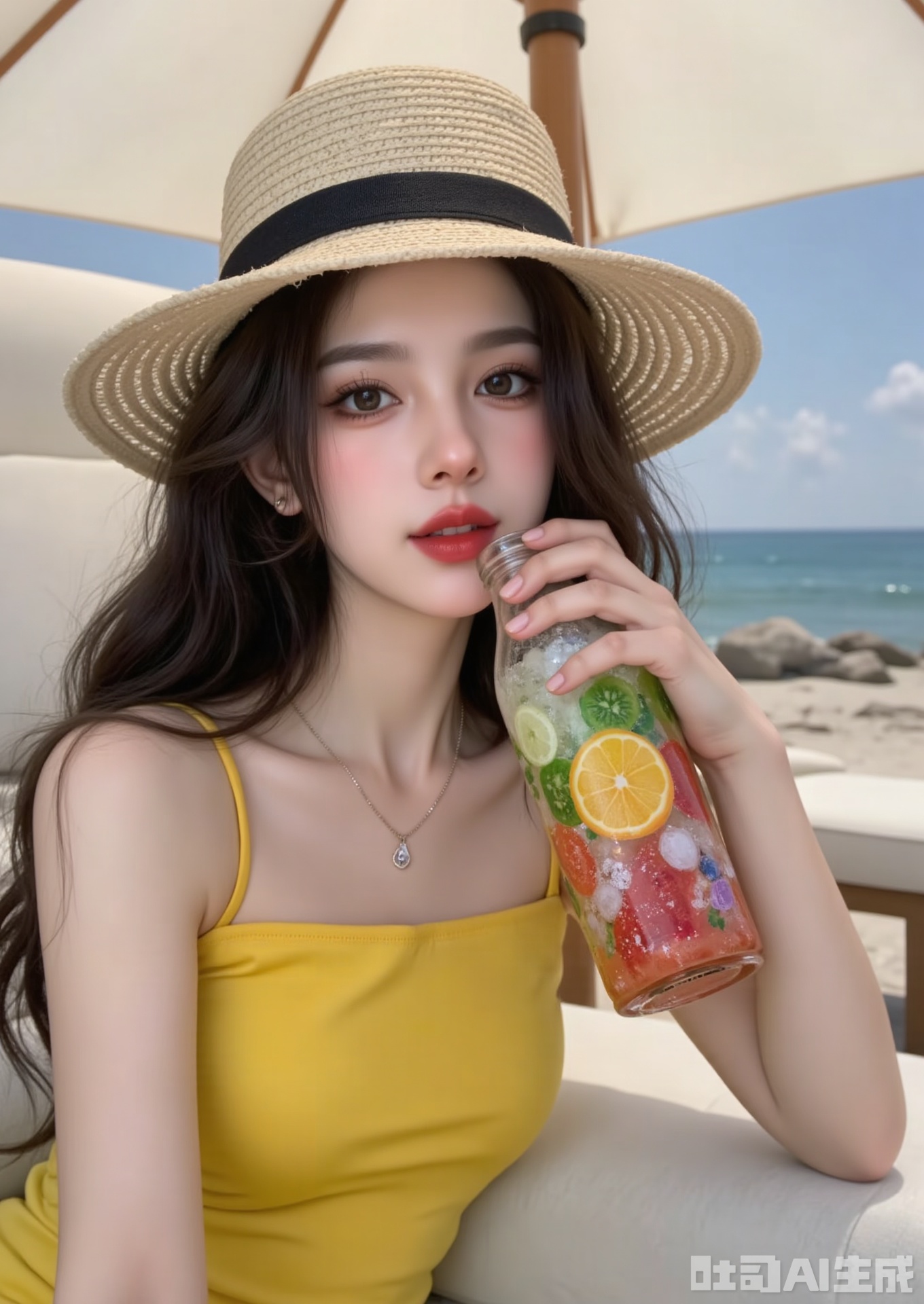 Movie-sensual summer portrait close-up, ultra-high-definition photo-level. A vibrant girl sat under an open-air white parasol, wearing a bright yellow sleeveless vest and a large straw hat. She squinted her eyes and smiled happily, sucking hard at a glass bottle of colorful fruit bubbles and ice drinks, and the walls of the bottle were covered with water droplets. The strong summer sun illuminated her smile, sweat shone slightly on her collarbone, and the background was the blurred colors of the beach and the sea in the distance. The light is bright and warm, the colors are saturated but fresh but not greasy, and the realism and joyful atmosphere of the moment of the capture are strong. The sharpness is extremely high and the skin texture is clearly visible.
