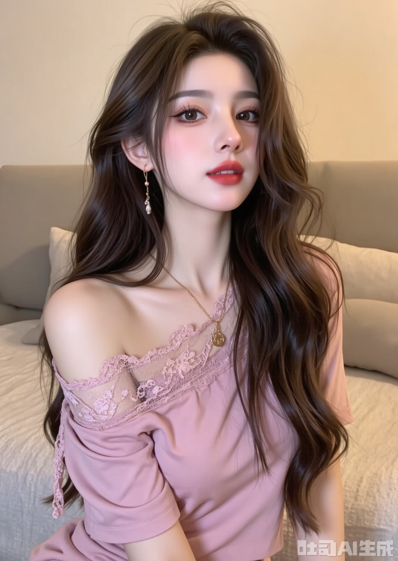 The image shows a young woman with long, wavy brown hair. She is wearing a pink off-shoulder top with lace detailing. She has a delicate necklace with a small pendant and is wearing dangling earrings. The background appears to be a soft, neutral-colored room, possibly a bedroom, with a bed visible in the background. The lighting is warm and soft, creating a cozy atmosphere.