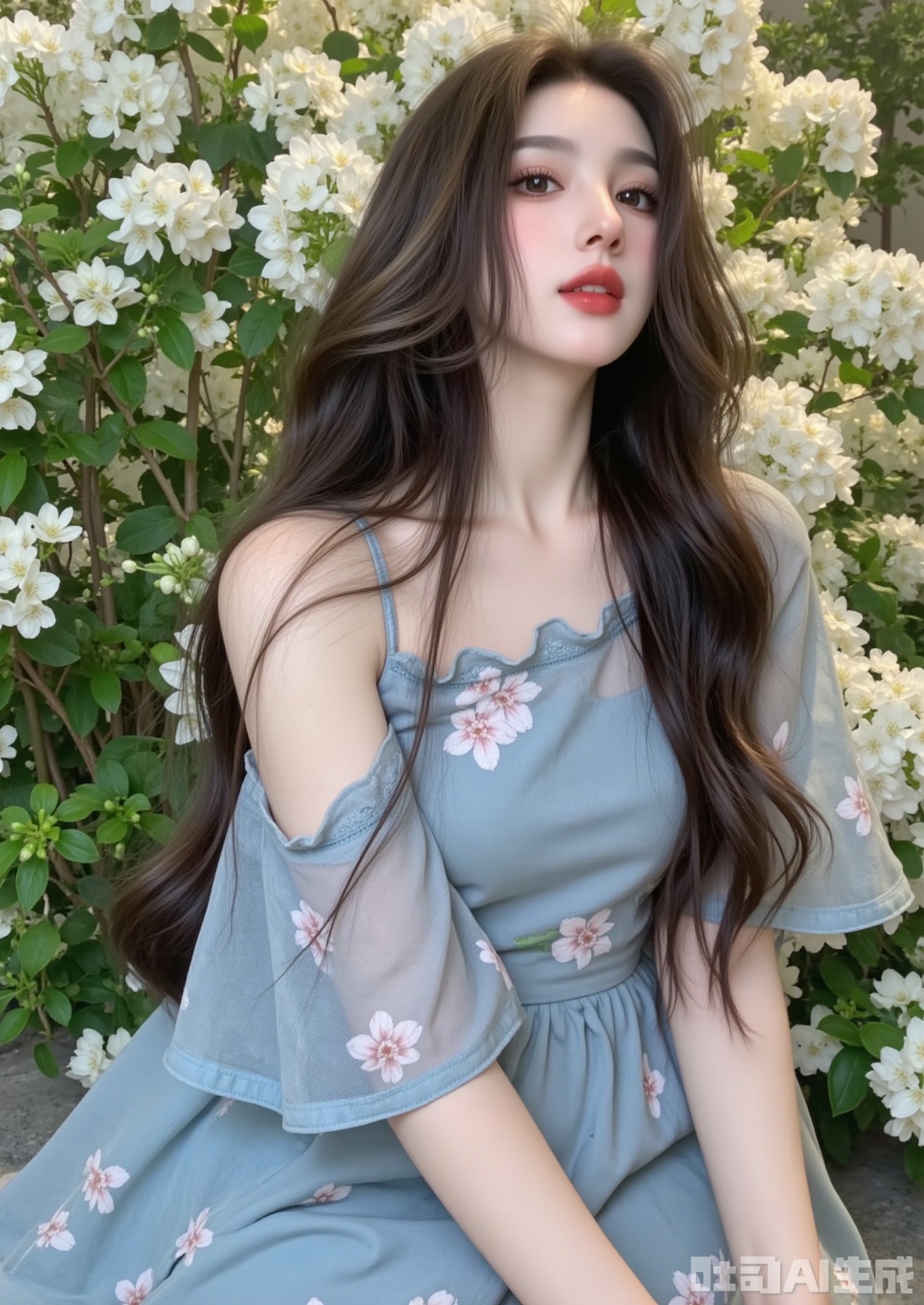 Realistic portrait photography, high-definition close-up. A long-haired girl was in front of the fresh jasmine flowers blooming. She was wearing a light blue floral chiffon dress, lowered her head slightly, with a shy and gentle smile on the corner of her mouth, and was reaching out to touch a white flower close to her. The soft side backlight in the early morning outlines the outline of her hair and face, and the light passes through the petals, creating a subtle projection and halo on her cheeks. The skin is delicate and real, and the eyes are pure. The air is filled with the fragrance of flowers and morning dew, and the picture is full of the purity and freshness of summer mornings. The shallow depth of field is excellent.