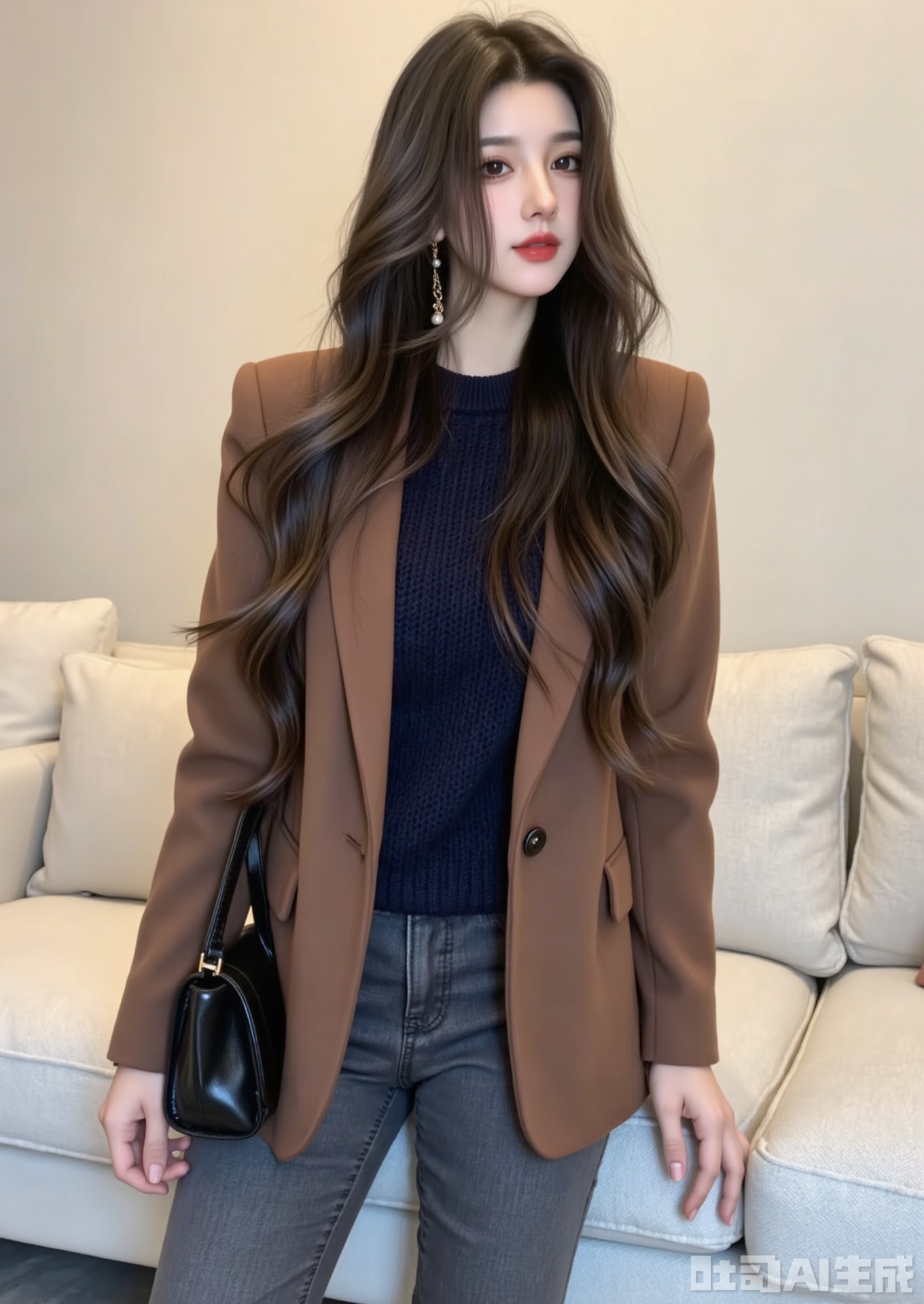 The image shows a person with long, wavy, dark hair, wearing a brown blazer over a dark blue sweater. They are accessorized with a black handbag and dangling earrings. The background is a plain, light-colored wall, and the person is seated on a white couch. The overall setting appears to be indoors, with a neutral and minimalistic environment.