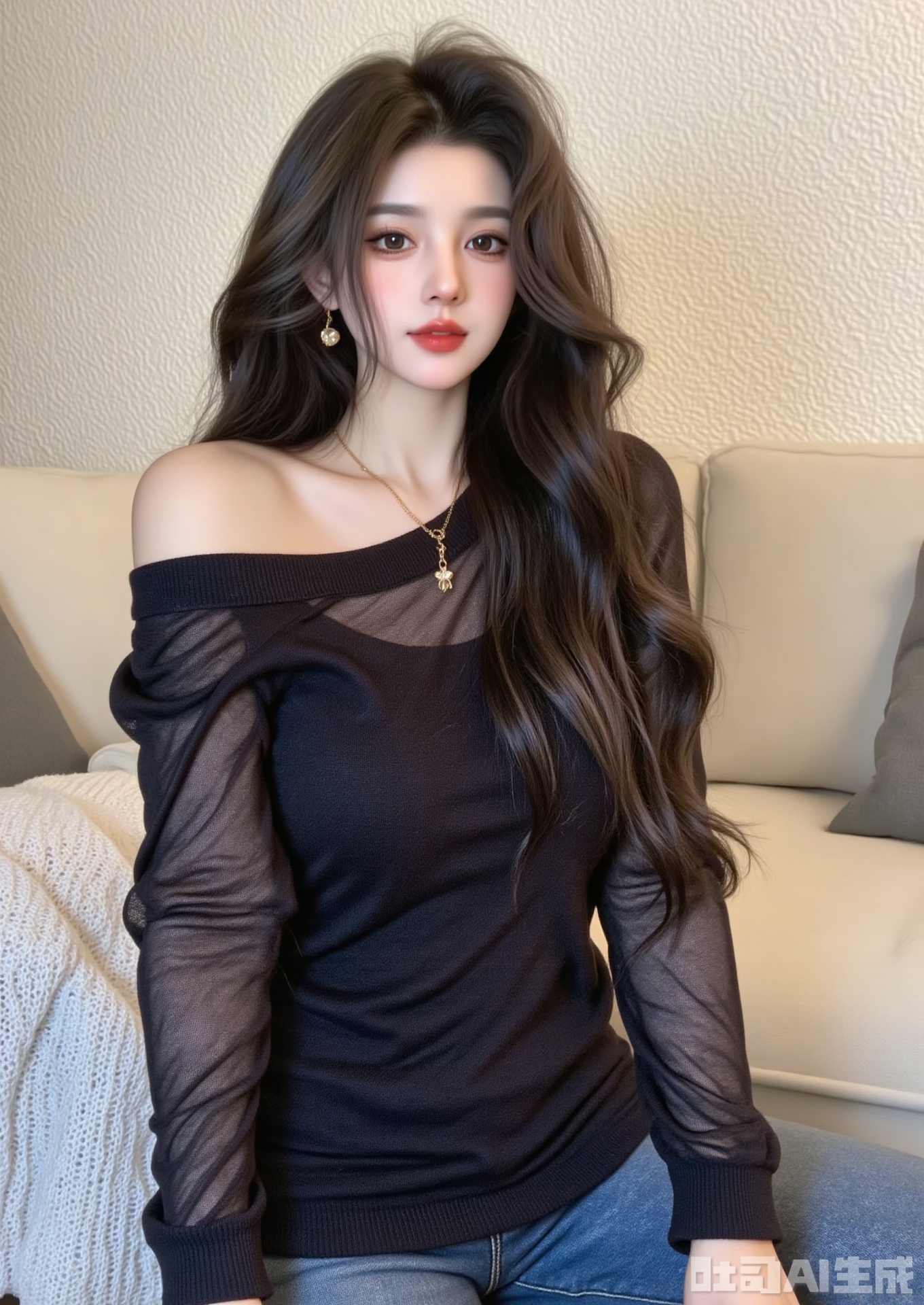 The image shows a person with long, wavy, dark brown hair, styled to one side. They are wearing a dark, off-the-shoulder top made of a mesh-like material. A delicate gold necklace with a small pendant is visible around their neck. The person is seated, and the background consists of a textured, light-colored wall and a light-colored couch. The overall setting appears to be indoors, likely in a living room or similar space.