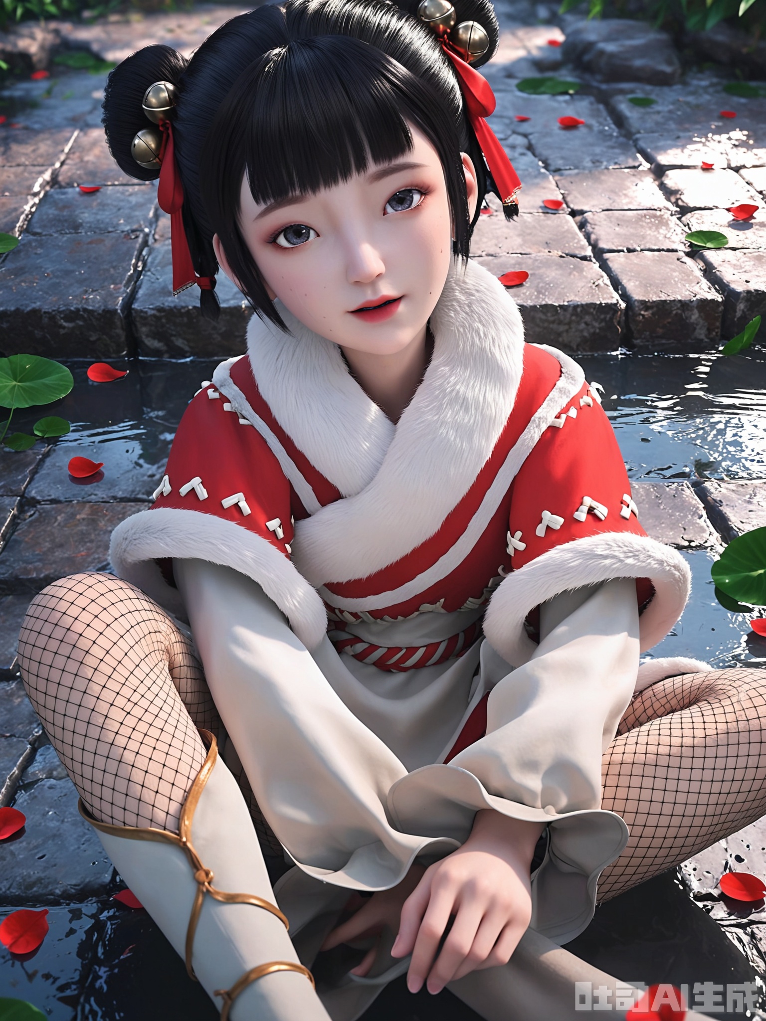 score_9,score_8_up,score_7_up,realistic,photorealistic,1girl,looking_at_viewer,realistic,1girl,Vivid Colors,bright environment,delicate water,hair_ornament,shiny skin,shiny hair,reflection,dress,flower sea,falling petals,extreme detail description,(upper body:0.3),put one hand on your side,long_hair,(skindentation:1.3),Fishnet stockings,bright,sunshine on face,light,sweating,dress,light,sitting_down,glowing,sunshine,bright,reflection,pale_skin,hair bun,bangs,black hair,fur trim,hair ornament,ribbon,double bun,hair ribbon,blunt bangs,hair bell,short hair,white chinese clothes,