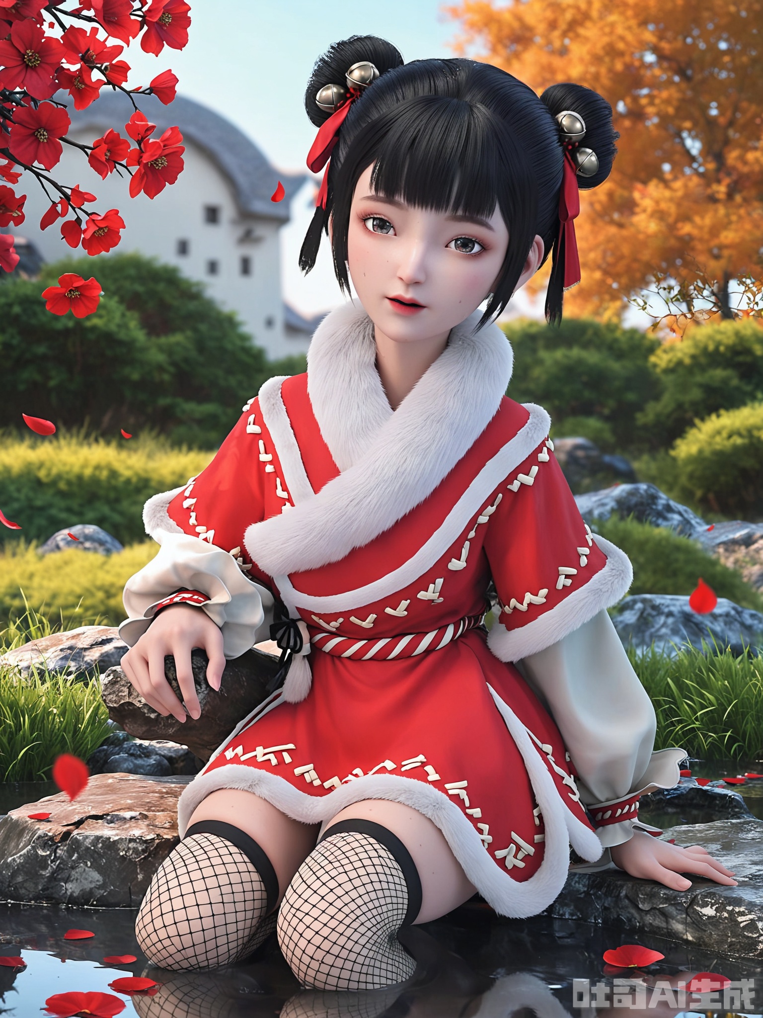 score_9,score_8_up,score_7_up,realistic,photorealistic,1girl,looking_at_viewer,realistic,1girl,Vivid Colors,bright environment,delicate water,hair_ornament,shiny skin,shiny hair,reflection,dress,flower sea,falling petals,extreme detail description,(upper body:0.3),put one hand on your side,long_hair,(skindentation:1.3),Fishnet stockings,bright,sunshine on face,light,sweating,dress,light,sitting_down,glowing,sunshine,bright,reflection,pale_skin,hair bun,bangs,black hair,fur trim,hair ornament,ribbon,double bun,hair ribbon,blunt bangs,hair bell,short hair,red chinese clothes,