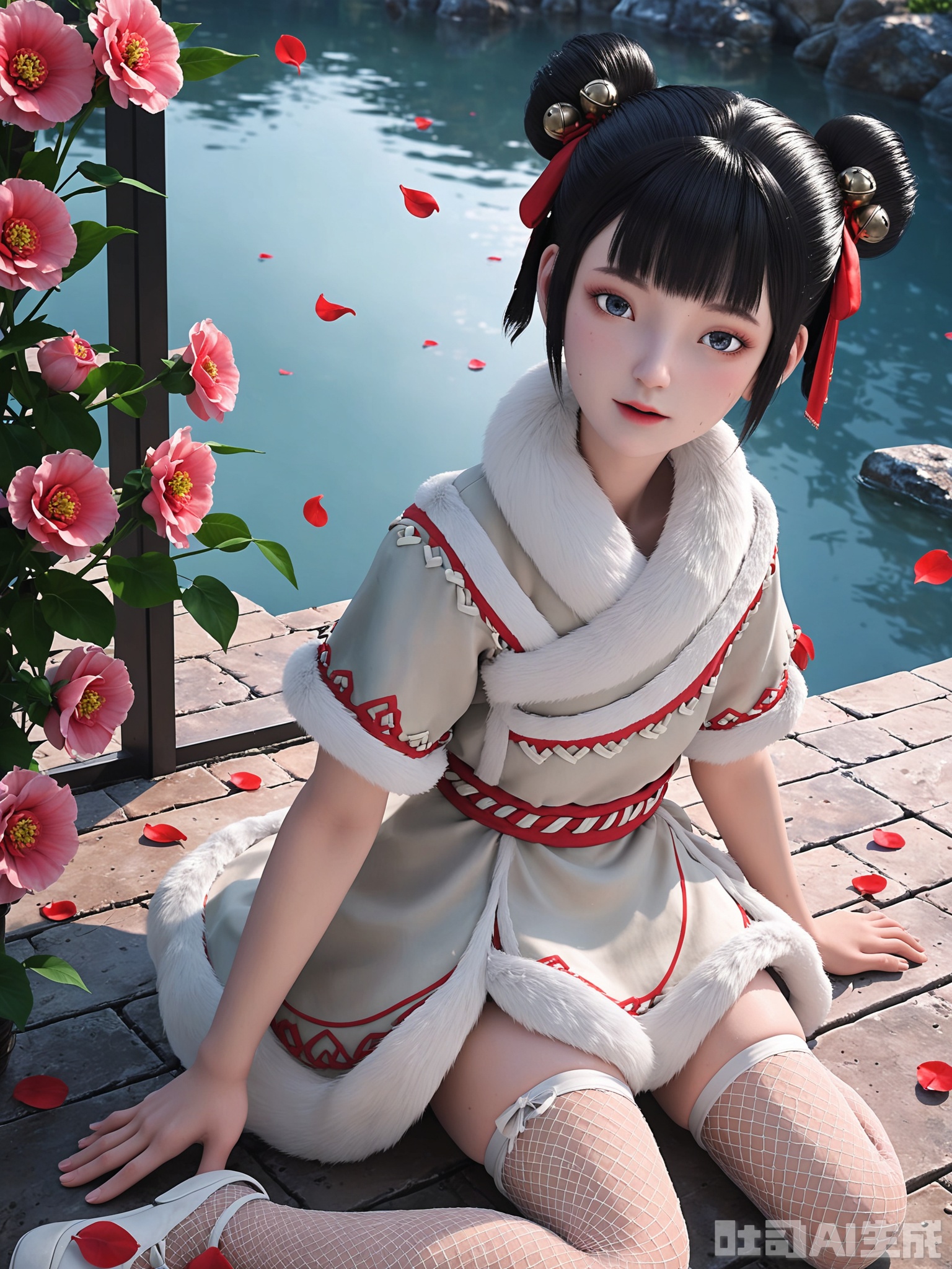 score_9,score_8_up,score_7_up,realistic,photorealistic,1girl,looking_at_viewer,realistic,1girl,Vivid Colors,bright environment,delicate water,hair_ornament,shiny skin,shiny hair,reflection,dress,flower sea,falling petals,extreme detail description,(upper body:0.3),put one hand on your side,long_hair,(skindentation:1.3),Fishnet stockings,bright,sunshine on face,light,sweating,dress,light,sitting_down,glowing,sunshine,bright,reflection,pale_skin,hair bun,bangs,black hair,fur trim,hair ornament,ribbon,double bun,hair ribbon,blunt bangs,hair bell,short hair,white chinese clothes,