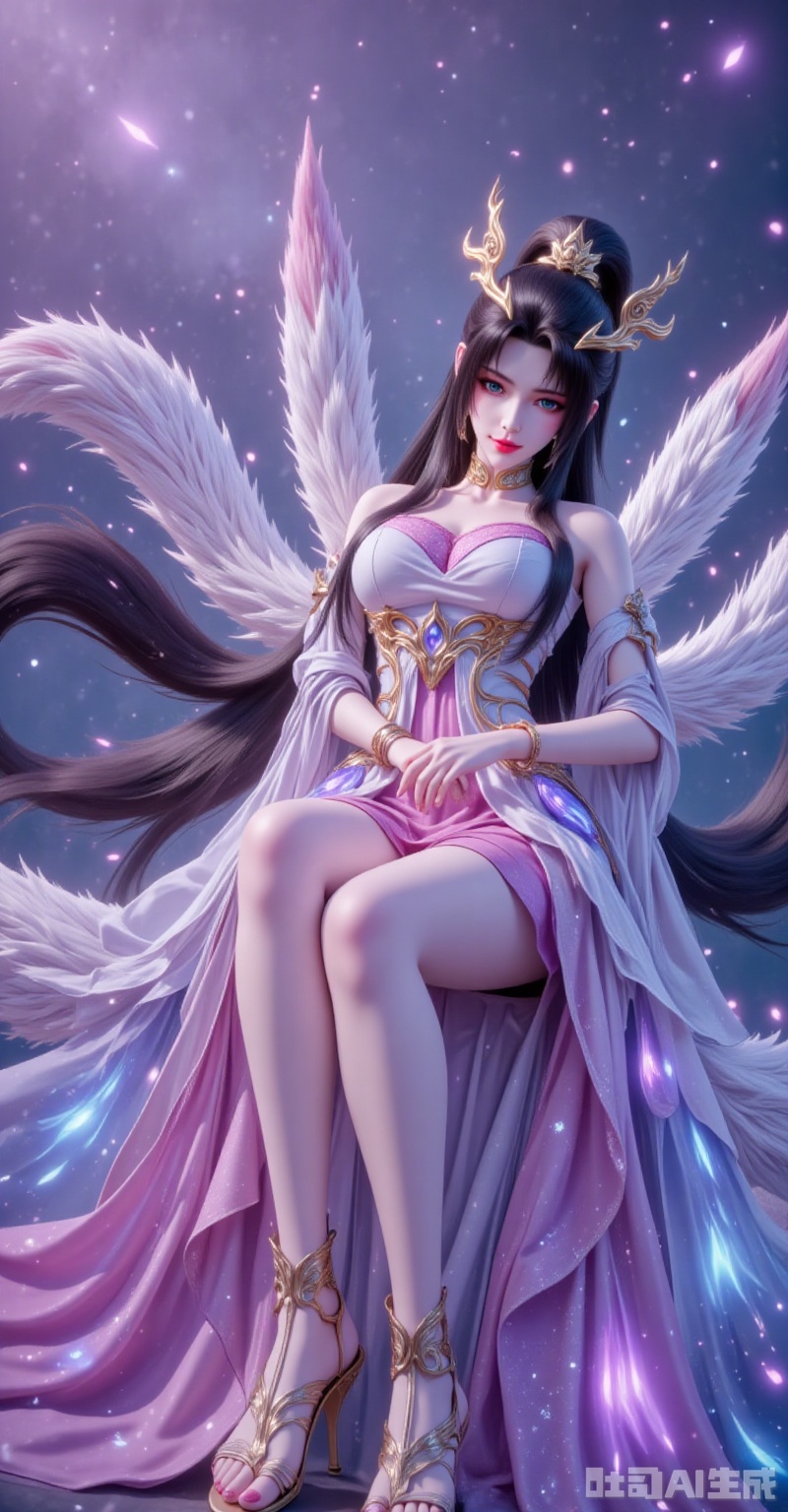,tianhuxianzi,long hair,hair ornament,black hair,multiple tails,tail,jewelry,blue eyes,1girl,solo,long hair,multiple tails,tail,sandals,black hair,dress,sitting,ponytail,hair ornament,bracelet,jewelry,1,cover,gradient background,close-up details,outstanding style,adding a touch of dimension to your images without compromising details,close-up,